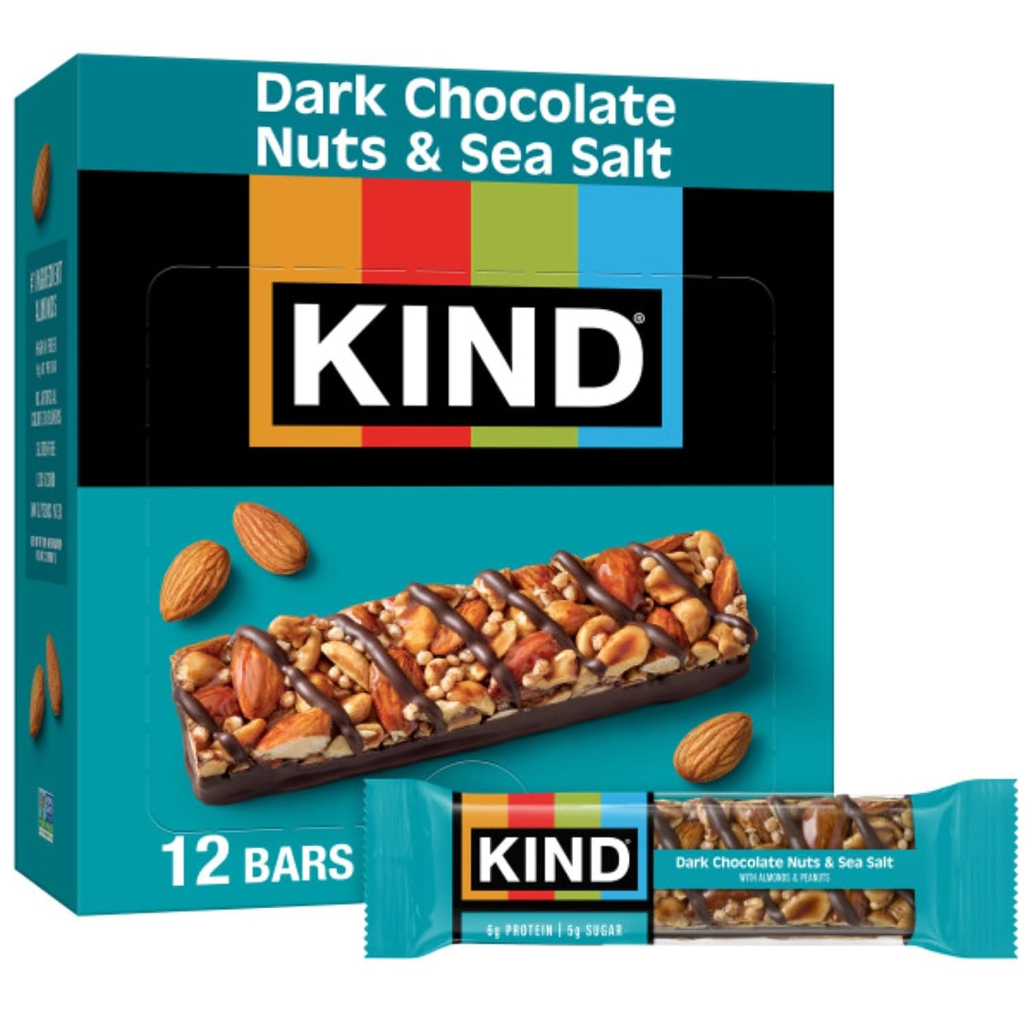 KIND Healthy Snacks Bars, Dark Chocolate Nuts & Sea Salt, Gluten Free, Low Sugar, High Fiber Snacks, 6g Protein, 12 Count