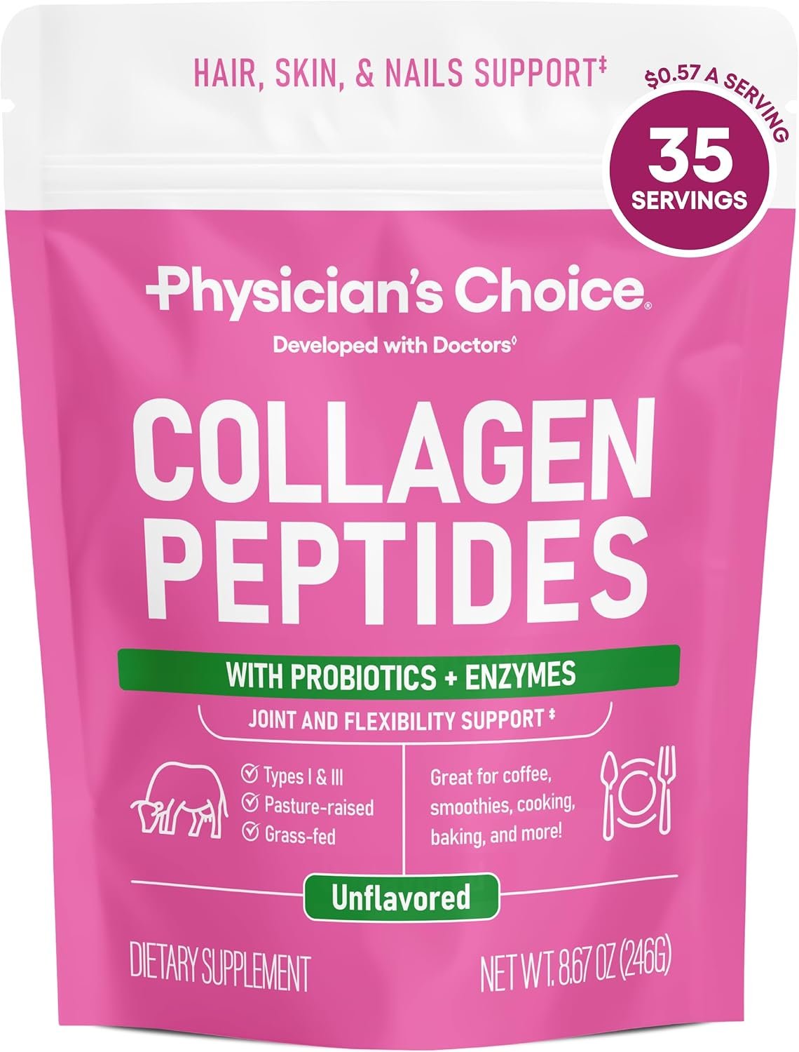 Physician’s CHOICE Collagen Peptides Protein Powder, Grass Fed, 35 Servings