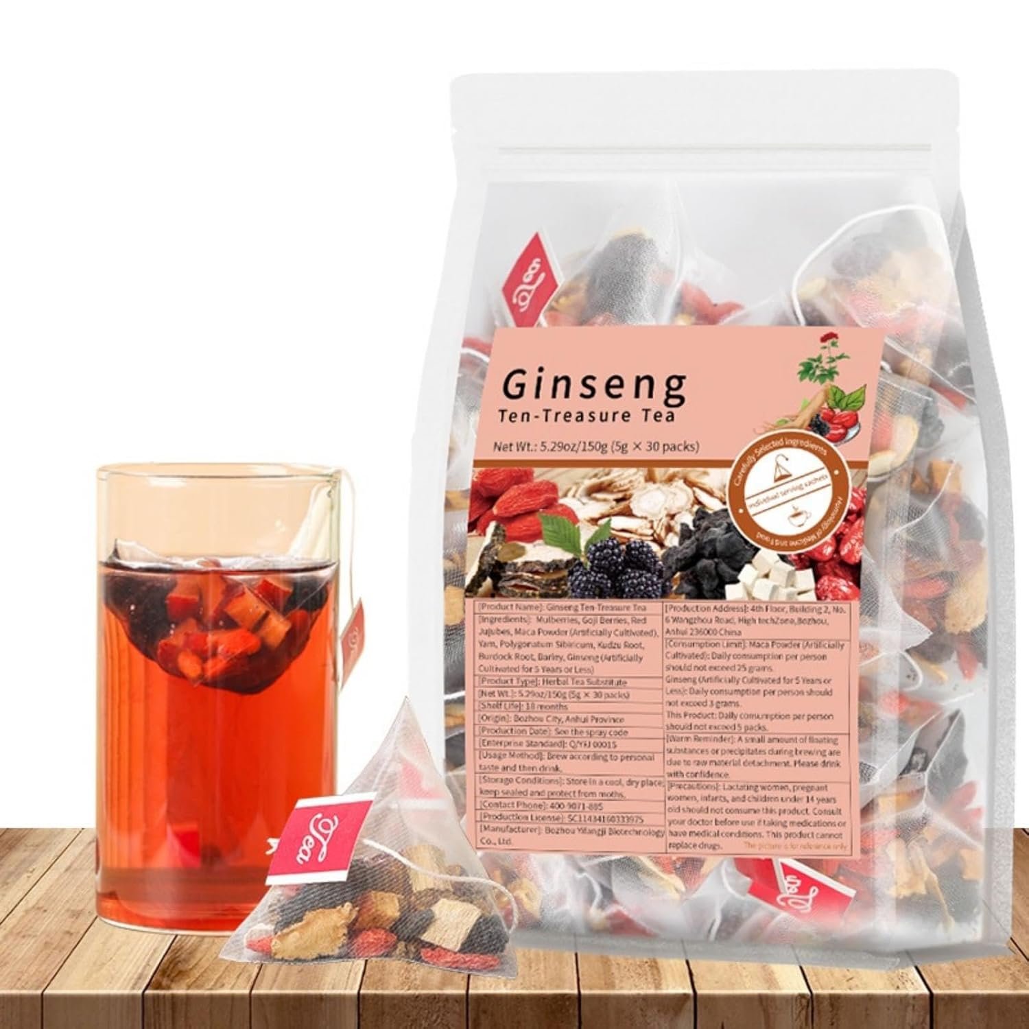 Ginseng Ten Treasures Tea,Kidney Detox Cleanse Tea Bags for Women and Men,Natural Traditional Chinese Herbal Blend Tea,More herbs,Wolfberry,Maca,Mulberry,5.29oz