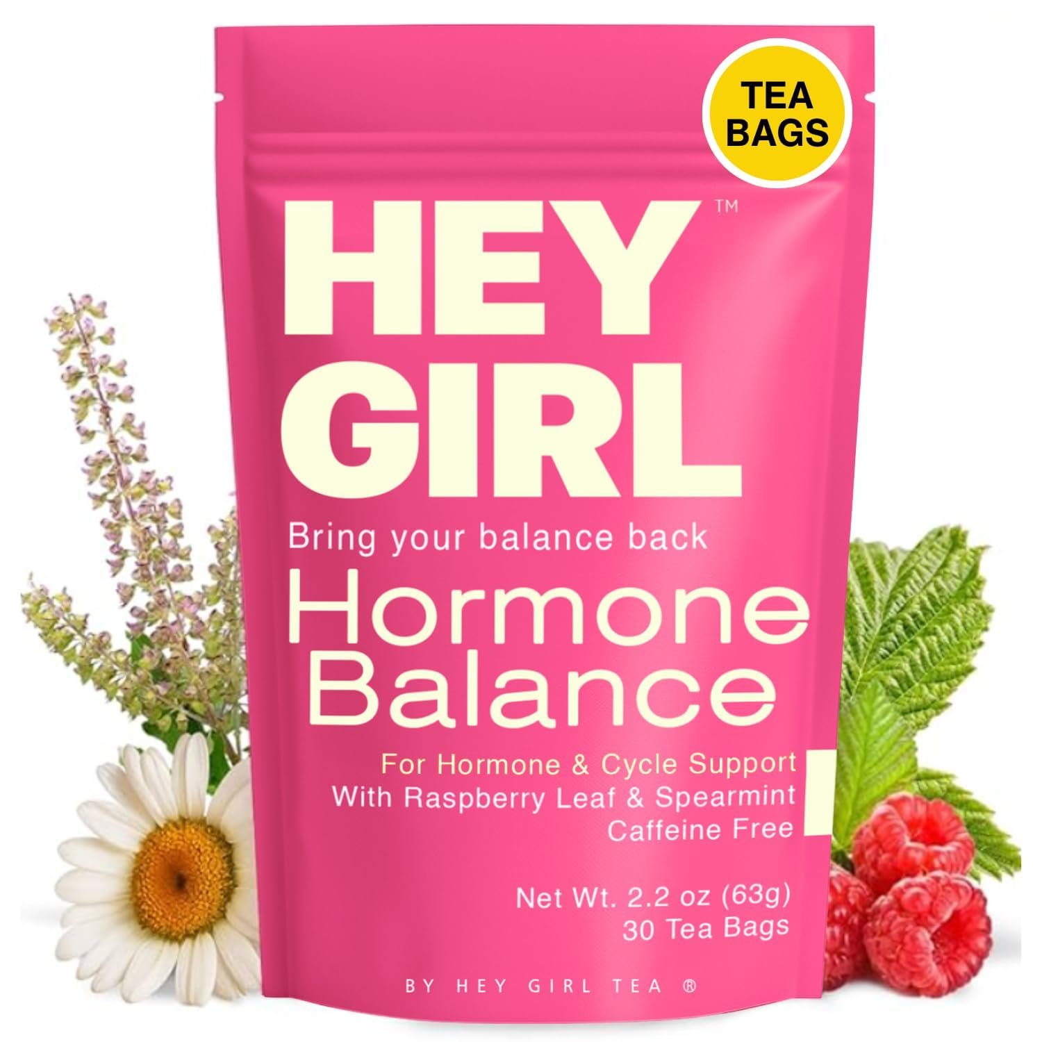 Hey Girl Hormone Balance Tea for Women, Spearmint & Red Raspberry Leaf with Chamomile & Ginger – Herbal PCOS Tea, Perimenopause, Cycle & PMS Support, Caffeine Free, 30 Tea Bags
