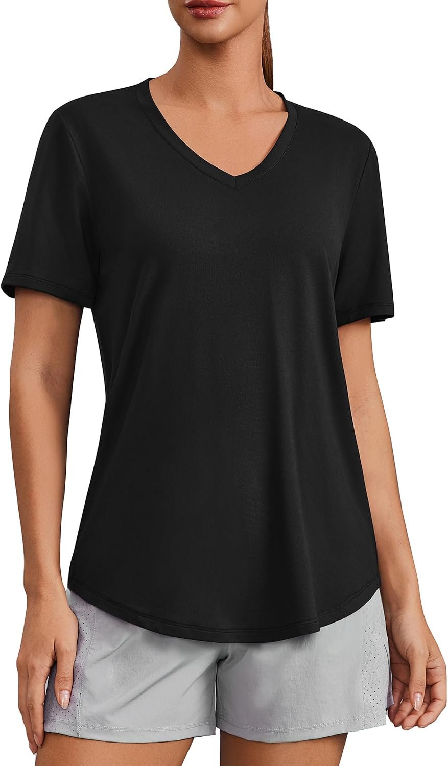 PINSPARK V Neck Workout Tops for Women Short Sleeve Quick Dry Shirts