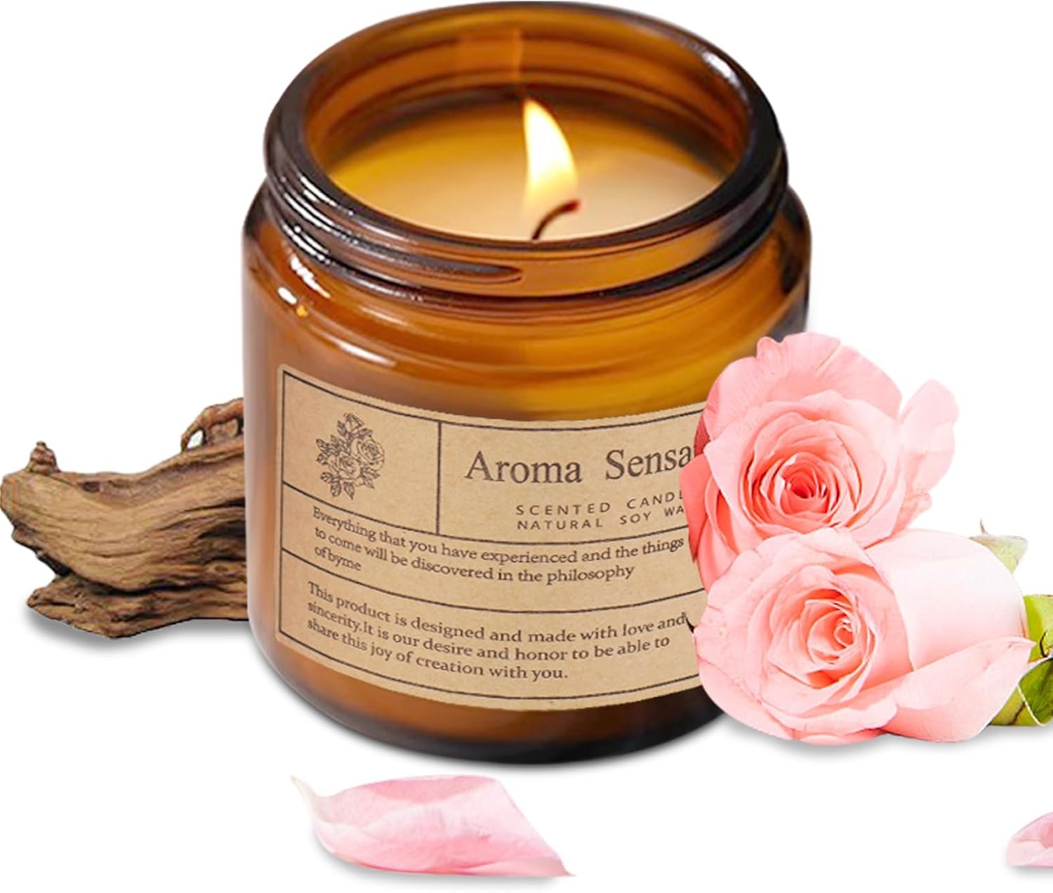 Organic Sandalwood Rose Candles – Non Toxic Soy Candles for Home, Stress Relief & Meditation (7oz)