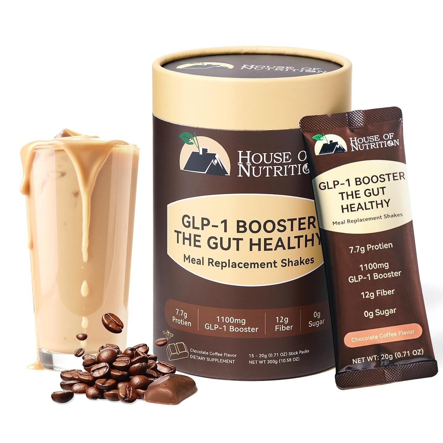 GLP-1 Supplement Shake & Meal Replacement Powder – with 12g Fiber to Promote Fullness, Supports Gut Health, Metabolism & Natural GLP-1 Booster, Sugar Free, Chocolate Coffee Flavor,10.58 OZ