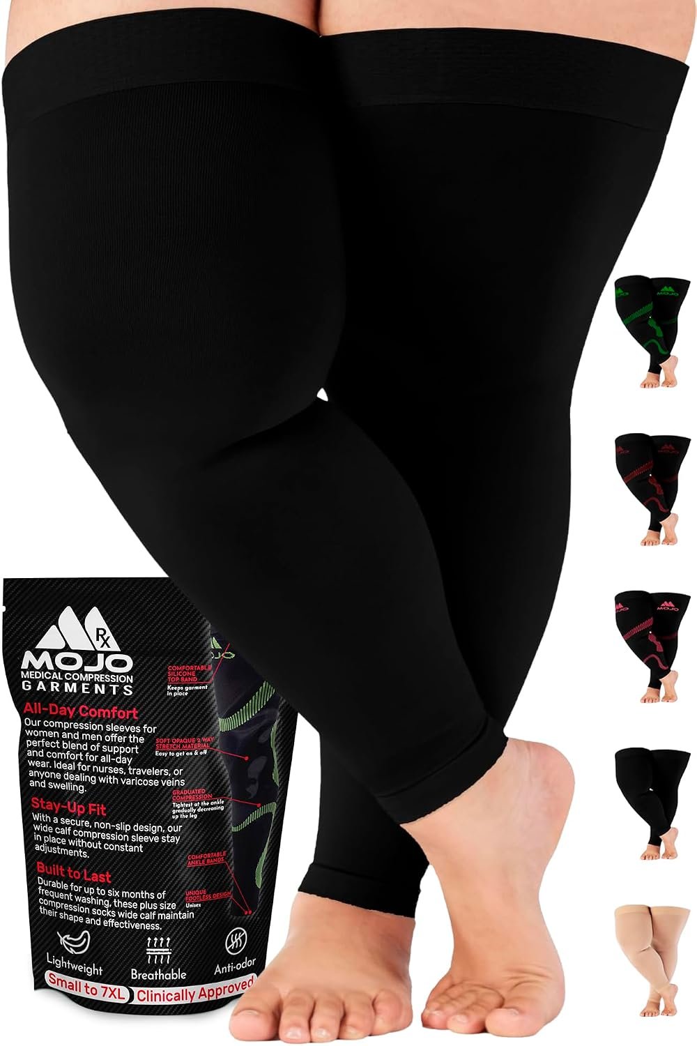 Mojo Compression Socks – 20-30mmHg Graduated Support Thigh-Hi Leg Sleeves with Grip Top – Reduces Swelling, Ideal for Varicose Veins, Lymphedema, DVT Treatment – 1 Pair