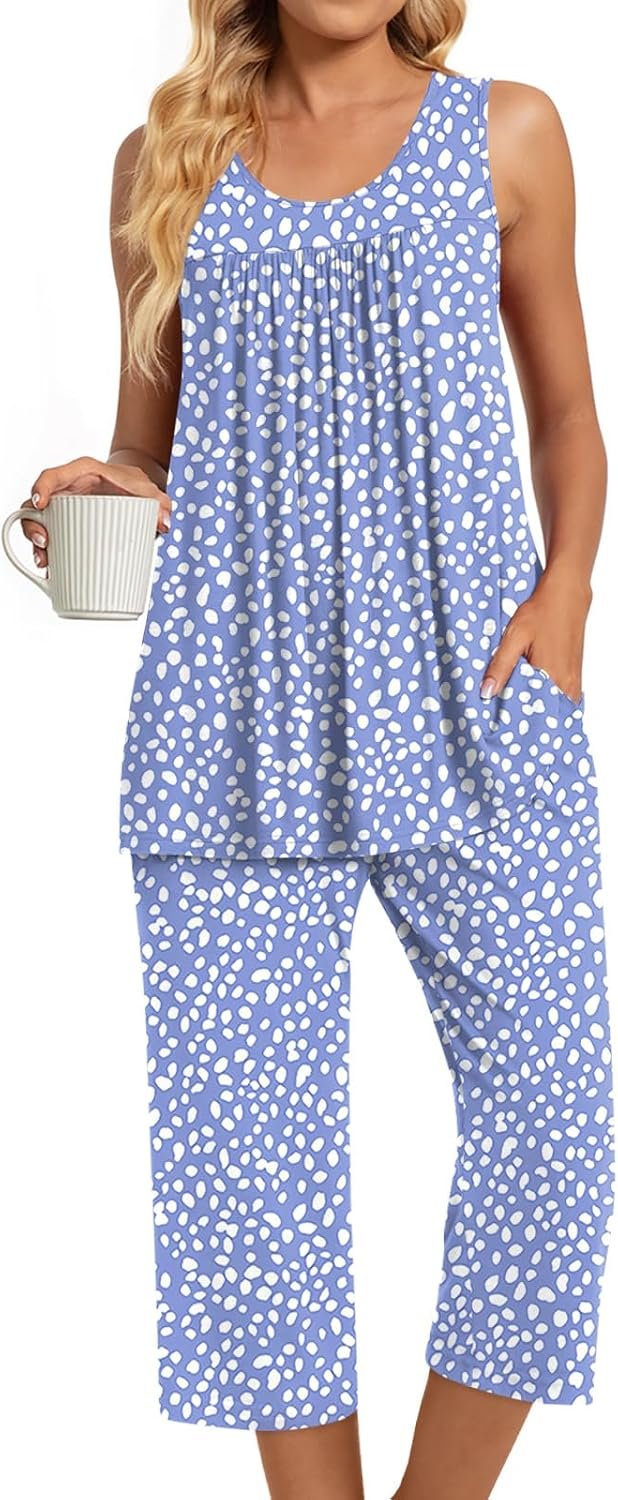 TAOHUADAO Womens Summer 2 Piece Pajama Sets, Sleeveless Tops with Capri Pants, Lounge Ladies Pjs Sets with Pockets