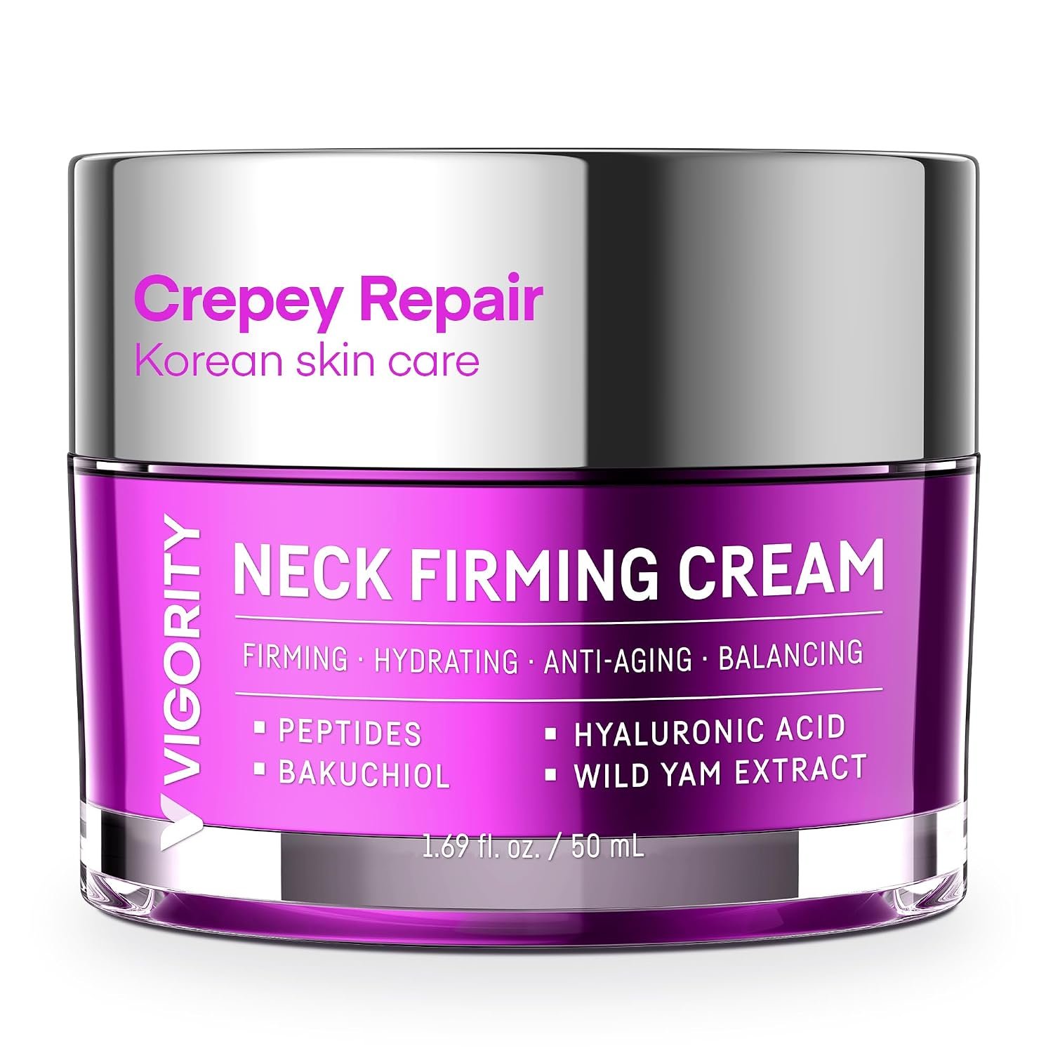 Vigority Korean Neck Firming Cream with Centella Asiatica, Peptides & Bakuchiol Formula for Neck & Décolleté, Crepey Skin, Wrinkles & Dryness – 1.69 fl oz