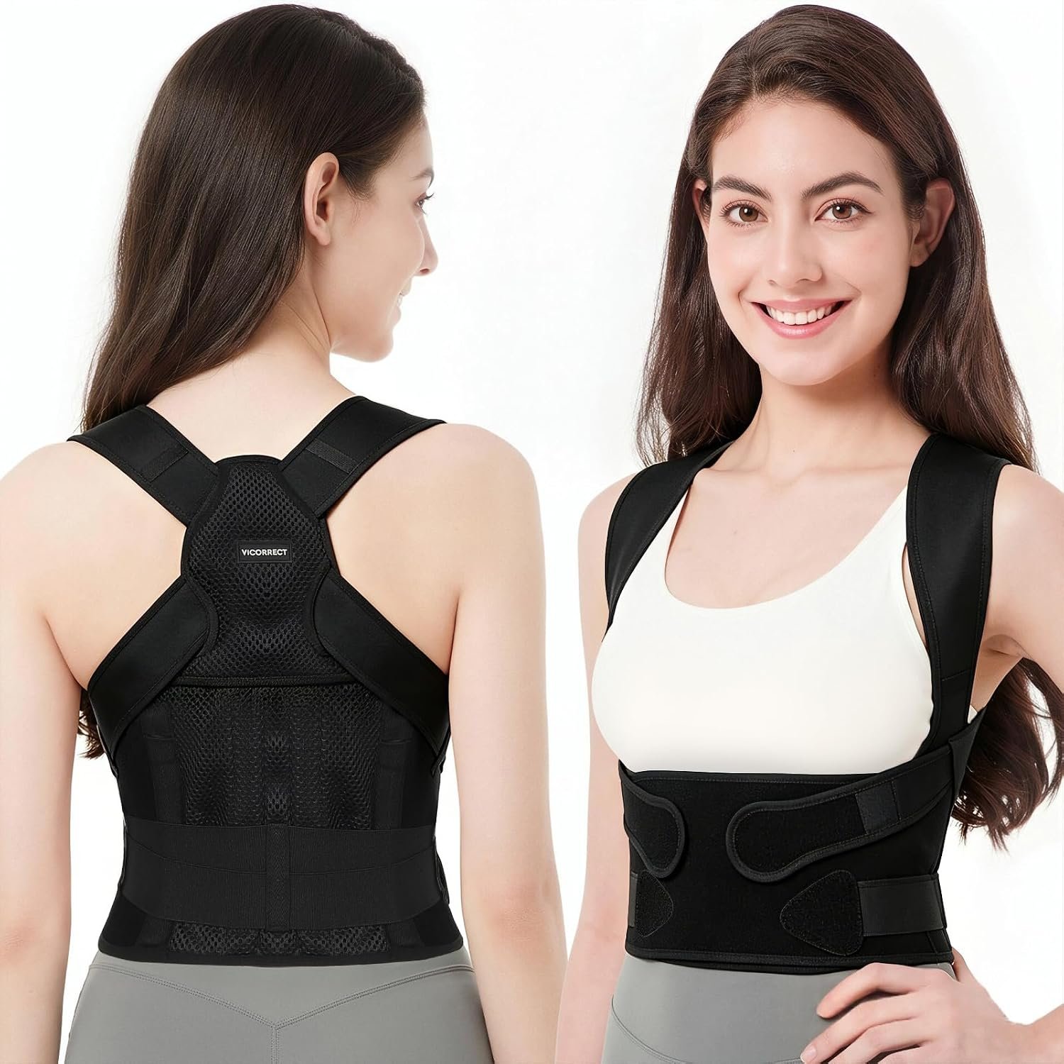 Vicorrect Posture Corrector for Women and Men: Adjustable Back Brace for Upper Back Support – Shoulder Neck Pain Relief – Lightweight Breathable Design (Black Large)