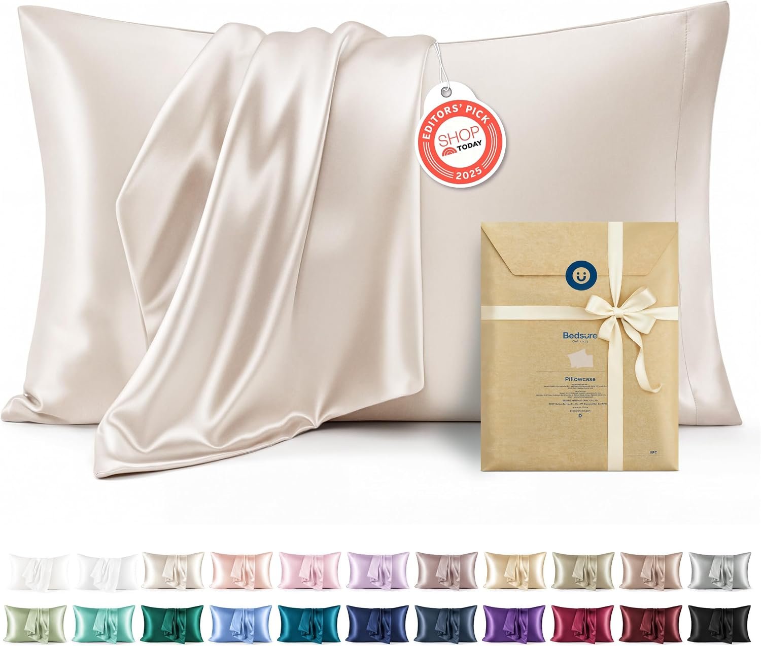 Bedsure Satin Pillowcases Queen Set of 2, Similar to Silk Pillow Case Beige