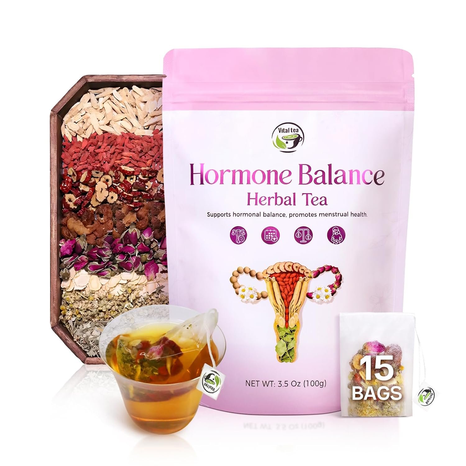Vital Tea Hormone Balance Tea for Women, Soothing Chamomile & Raspberry Leaf Tea for Cycle, PMS Support & Mood Balance – 100% Natural, Caffeine Free,15 Tea Bags