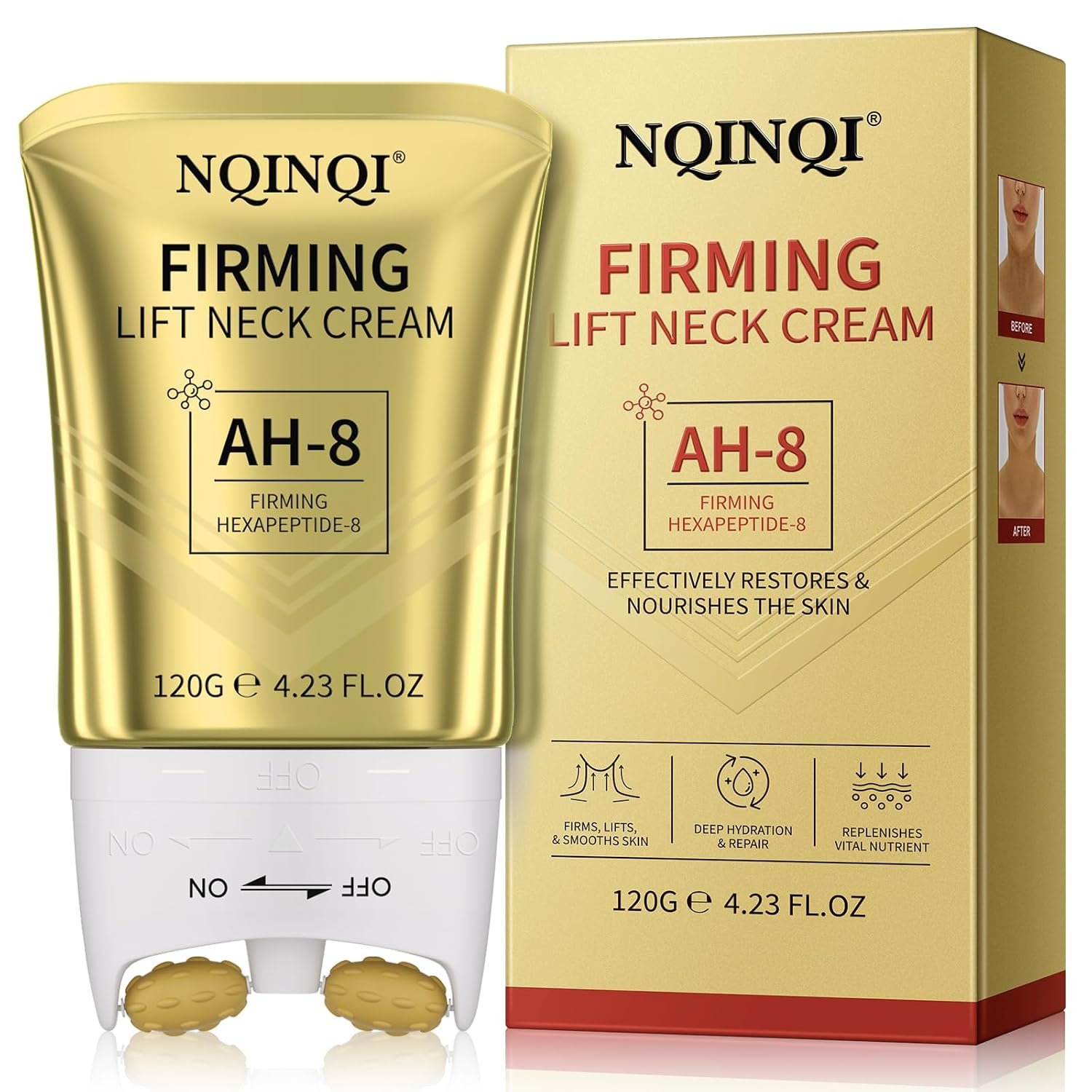 AH-8 Firming Neck Cream with Roller – Neck and Chest Firming Cream to Lift, Tighten & Smooth Sagging Skin, Reduce Wrinkles & Hydrate for Youthful Neck, 4.23 Fl Oz