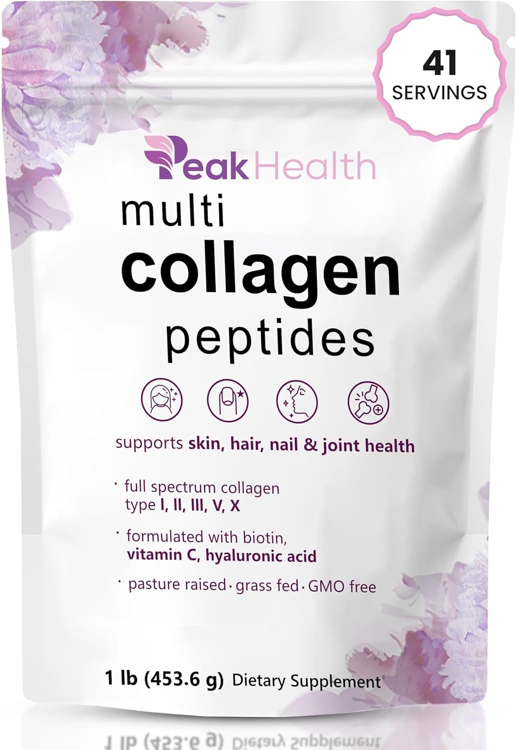 Peakhealth Multi Collagen Peptides Powder 1lb,Hyaluronic Acid, Unflavored
