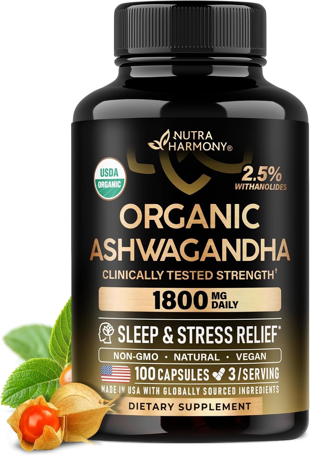 Ashwagandha Supplements 1800mg – USDA Organic for Women & Men – 100 Caps