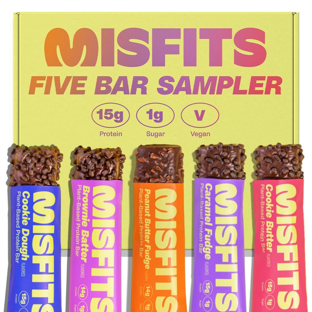Misfits Protein Bar Variety Pack | Nutrition Bars – 14-15g Protein, 1g Sugar, Plant-based, Low Carb, Non-GMO, Gluten Free Snacks | Sample Pack of 5 – Multiple Flavors
