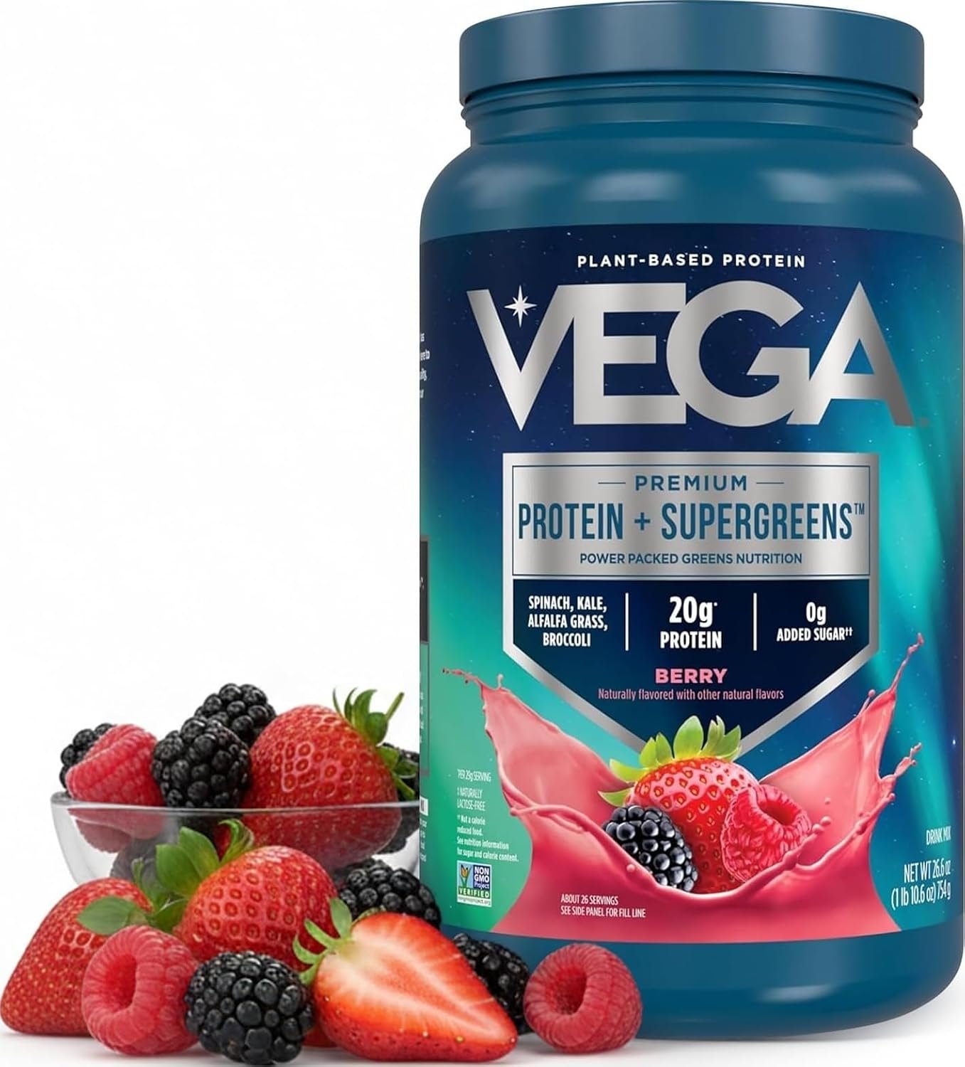 Vega Premium Protein + Supergreens, Berry – 20g Vegan Protein, Dairy & Gluten Free, 27.2 oz (26 Servings)