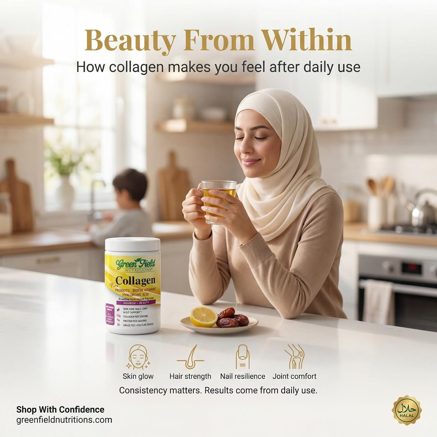 Greenfield Nutritions Halal Collagen Peptides Powder – 9g Halal Protein Probiotic, Biotin, Hyaluronic Acid & Vitamin C – 277g Halal Collagen for Women & Men – Supports Hair, Skin, Nails, Joints & Gut
