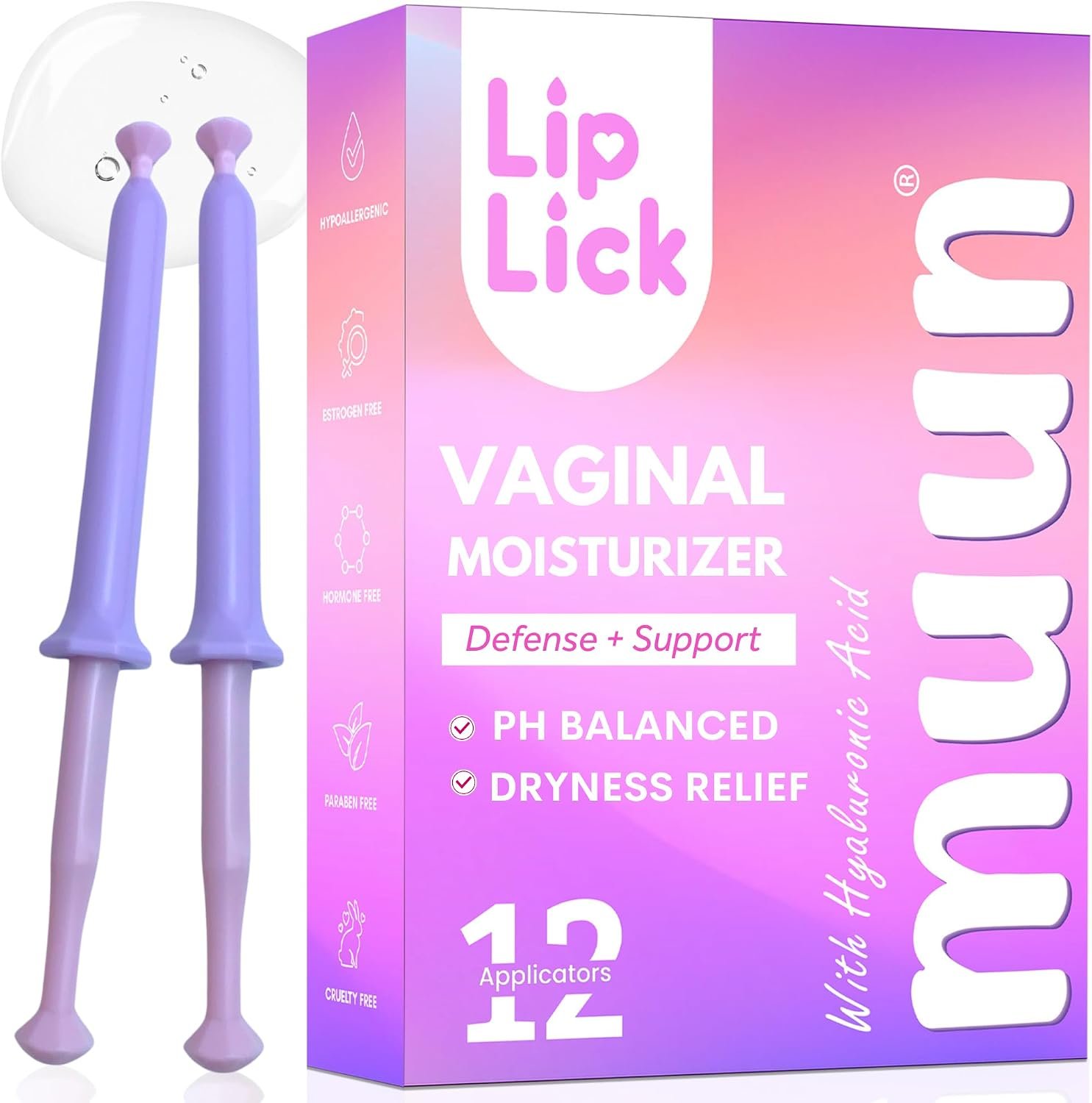 Muun Vaginal Moisturizer – Pack 12 Immediate Intimate Hydration – Dryness Burning Itching Discomfort Relief with Hyaluronic Acid – pH Balance – Estrogen & Hormone Free, Long-Lasting