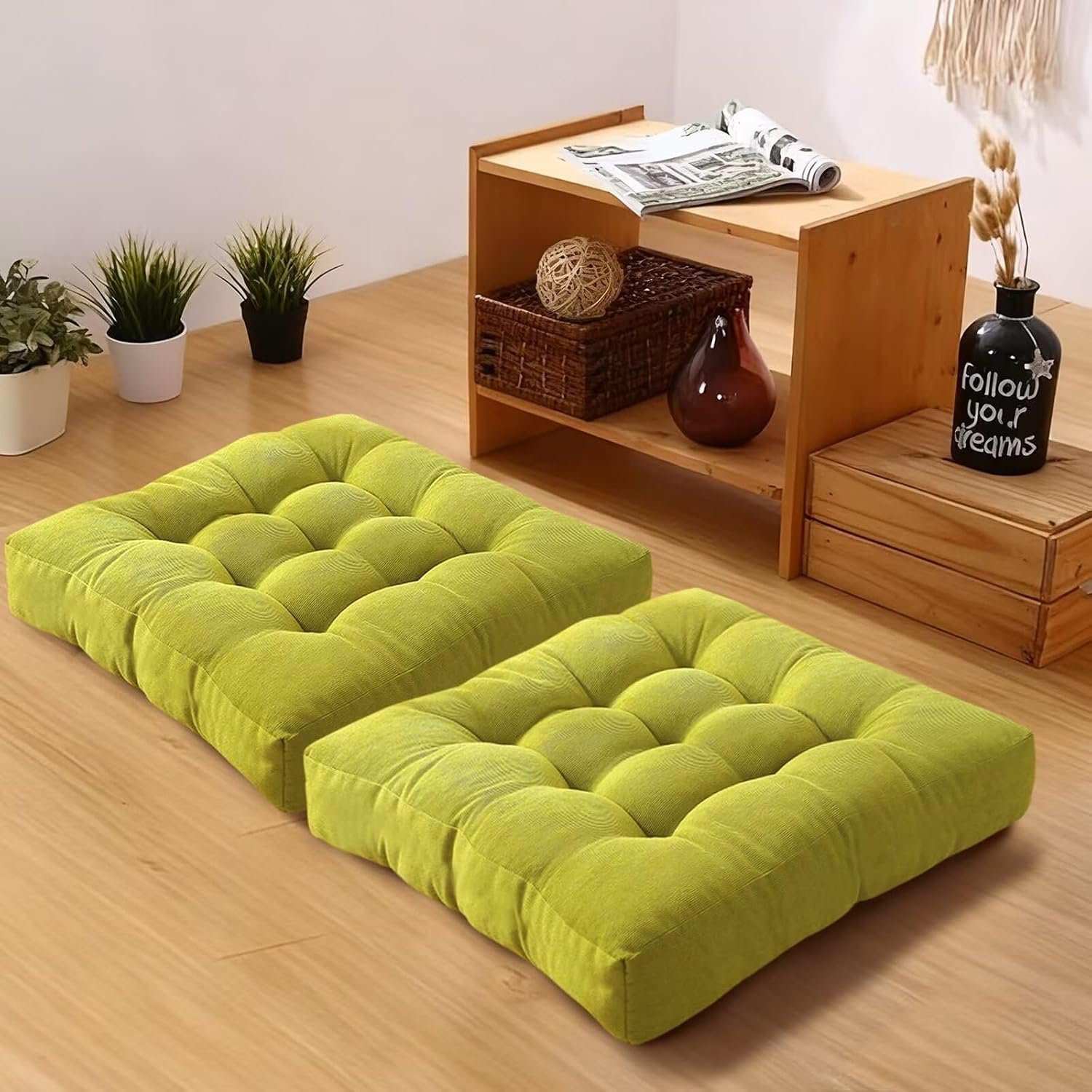 Grass Green Floor Pillows Set Square Chair Cushion Pad for Office