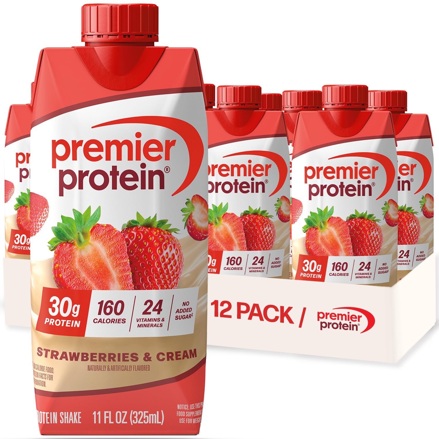 Premier Protein Shake, Strawberries & Cream, 30g Protein, Bottle, Gluten Free, 11 fl oz, 12 Pack
