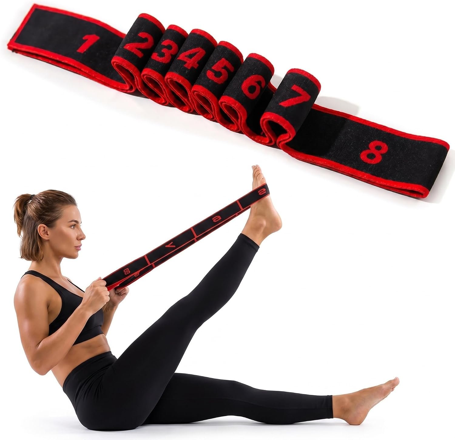 Resistance Exercise Band for Women, 8 Segment Yoga Elastic Strap for Stretching, Pilates Resistance Loop & Leg Stretcher, Tension Pull Rope for Workout, Physical Therapy, Fitness, Home Gym