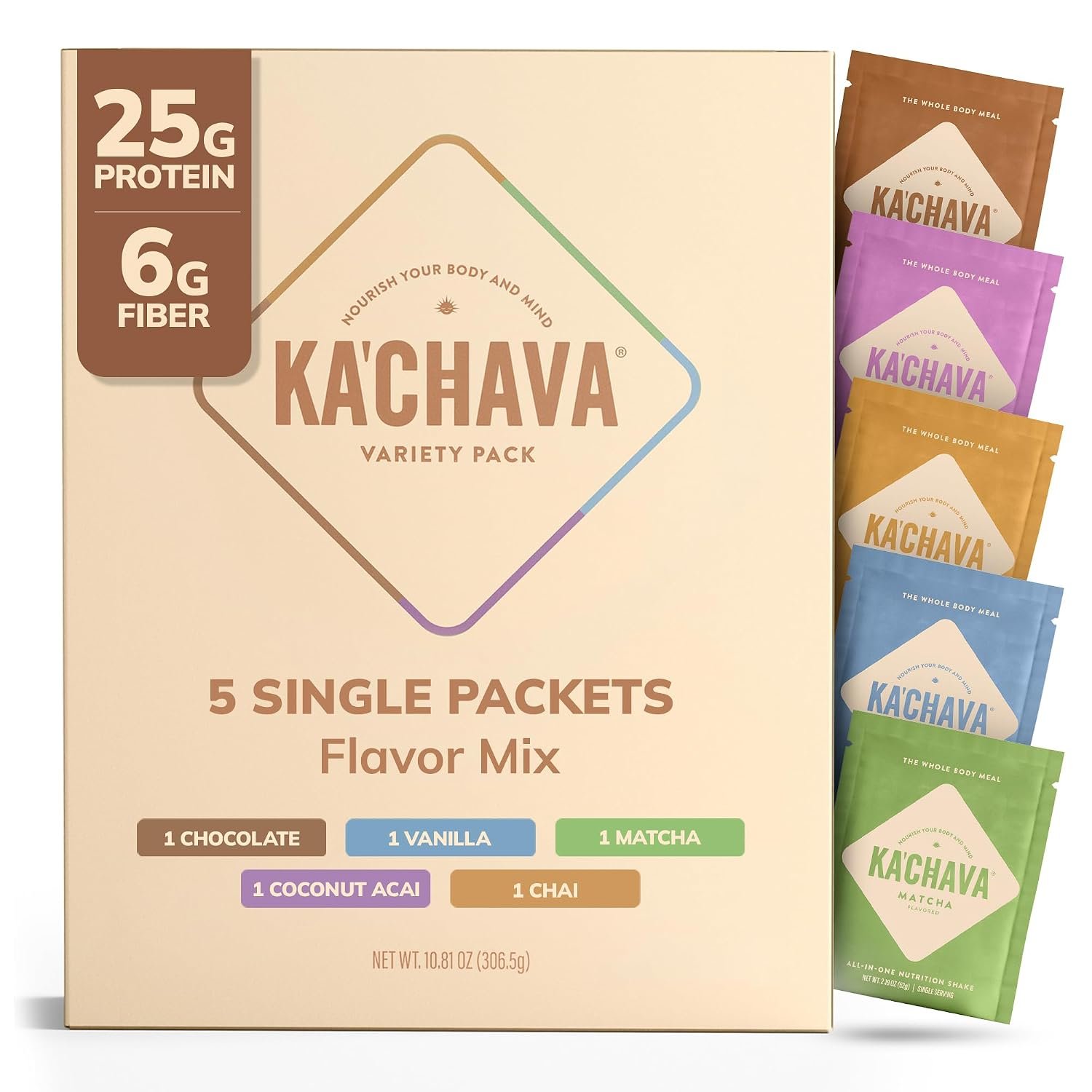 Ka’Chava Nutrition Shake – Vegan Meal Replacement, 85+ Superfoods & Nutrients, Meal Replacement, Greens Plant-Based Powder Protein Drink, Digestive Enzymes & Probiotics – Variety Pack 5 Servings