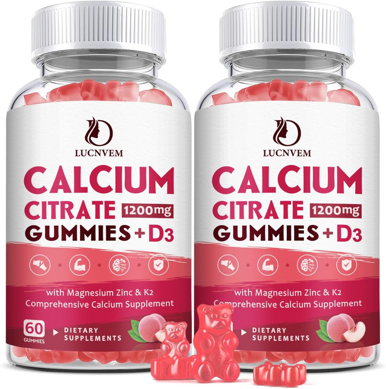 (2 Pack) Calcium Citrate 1200mg with Vitamin D3 Supplements Gummies for Women & Men, Calcium Gummies with Vitamin D3 K2, High Absorption for Bone Muscle Healthy- Peach Flavor- 60 Day Supply