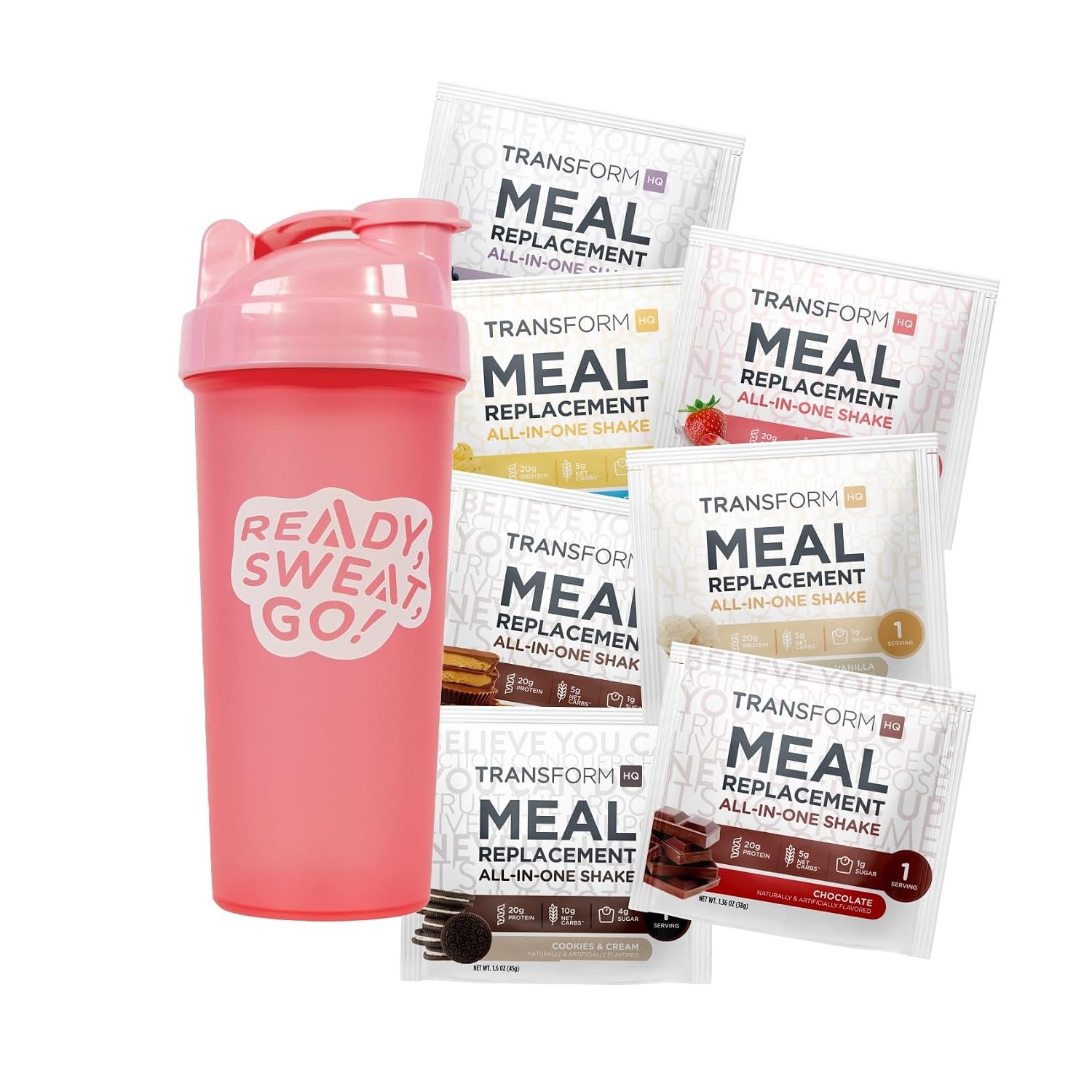 TransformHQ Meal Replacement Shake Variety Box With Pink Shaker