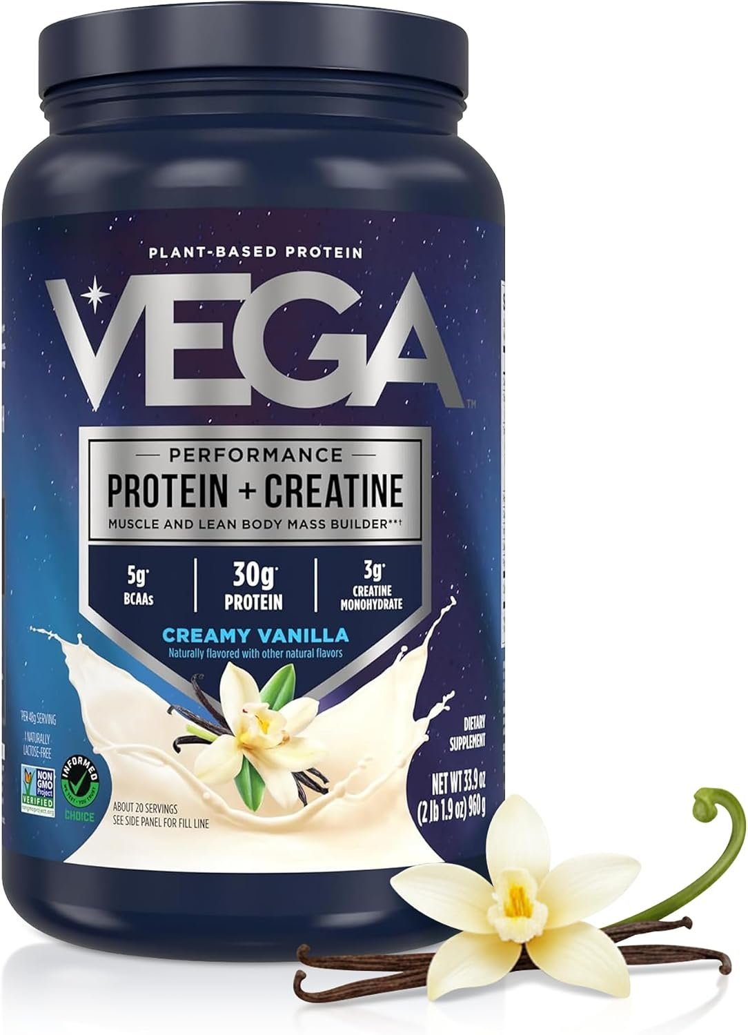 Vega Protein + Creatine – 30g Plant Based Protein Powder + 3g Creatine So You Bounce Back Faster – Low Carb Plant Protein Powder, Post Workout Vegan Shake – Vanilla, 20 Servings, 2.12lb (Pack of 1)