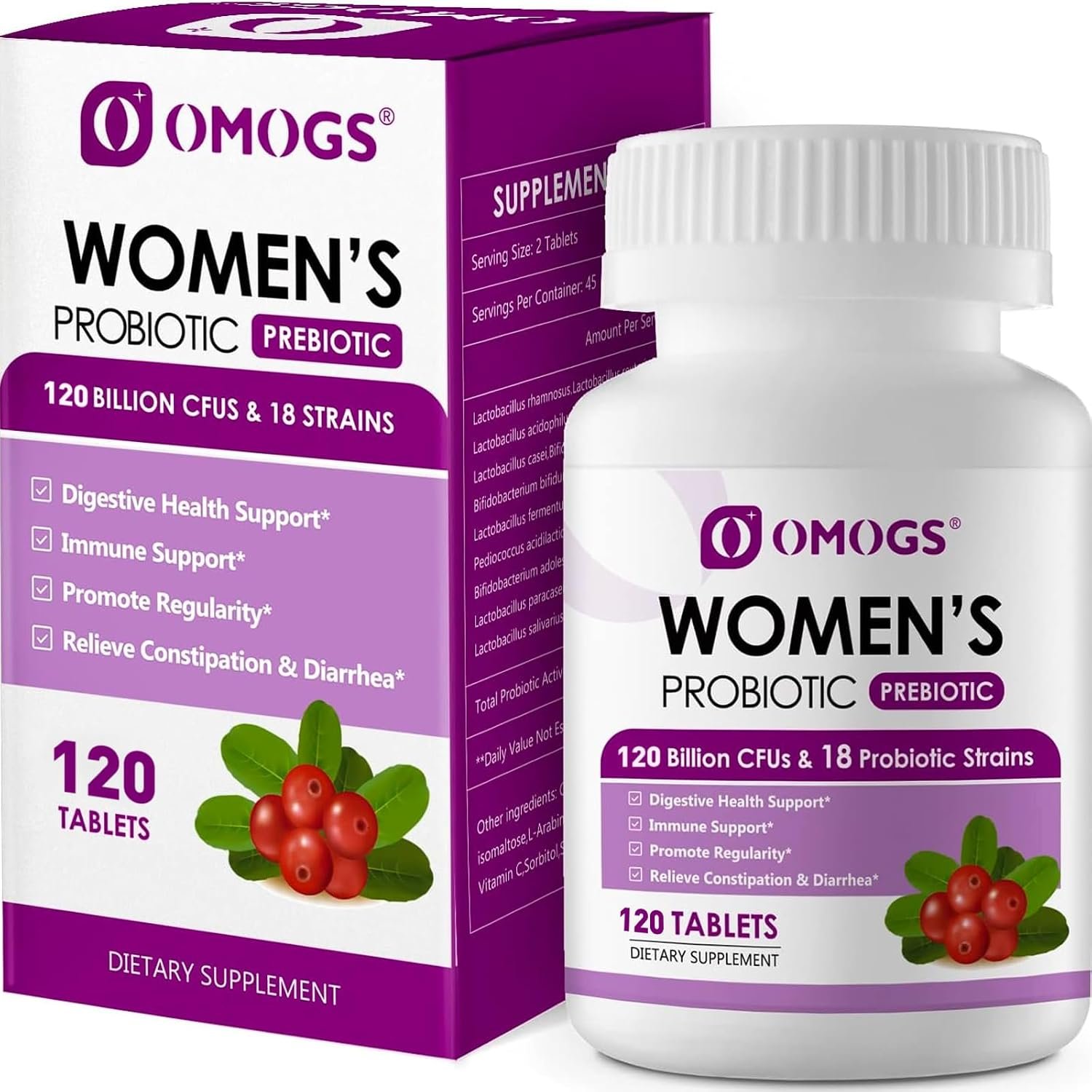 OMOGS Women’s Probiotic, with Cranberry Extract, Organic Prebiotics & Vitamin C, 120 Billion CFUs,18 Strains, Help for Boost Immune, Digestive, Gut Health & Women’s Health,120 Tablets