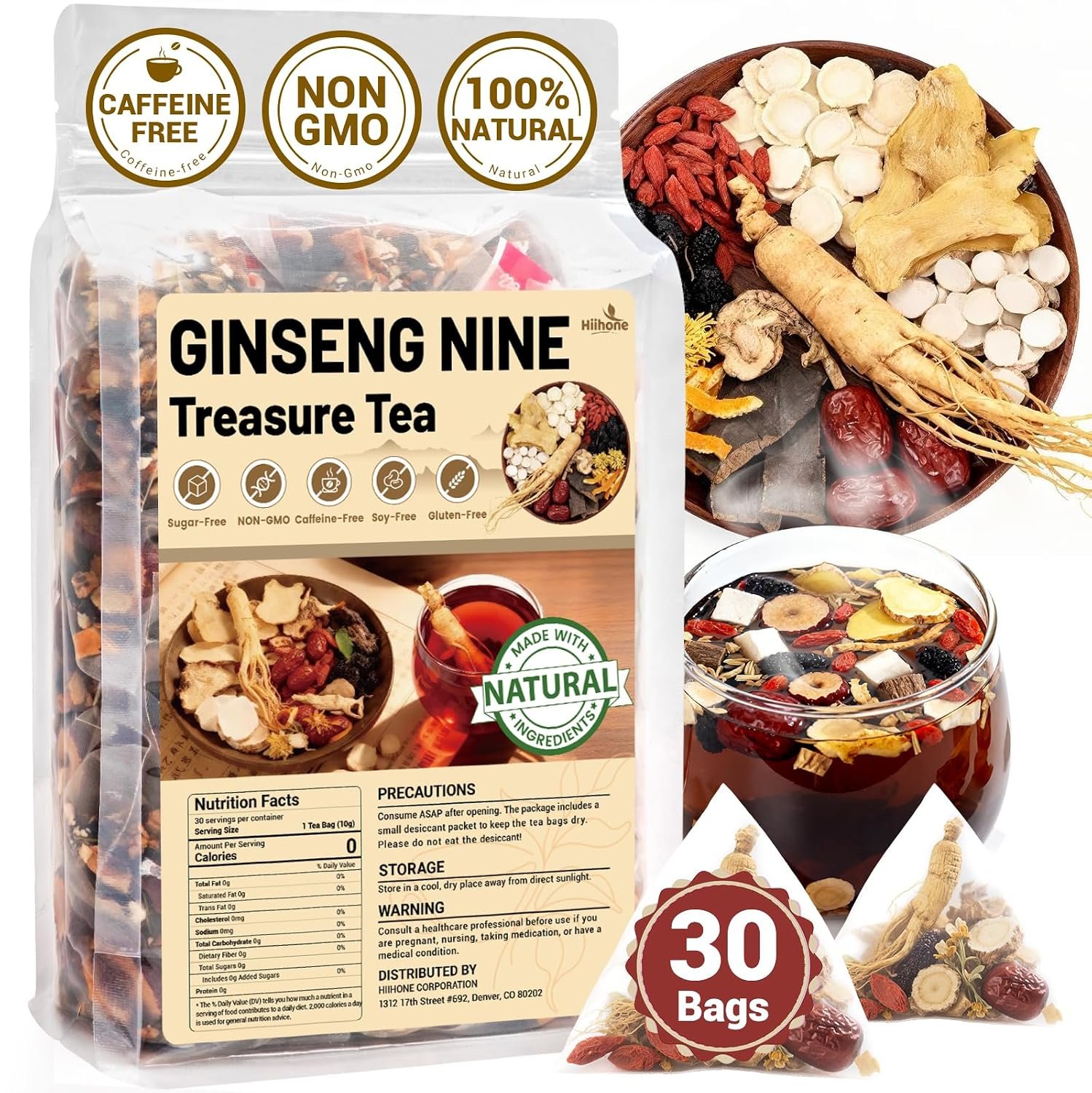 HIIHONE Ginseng Five Treasures Kidney Tea, 30 Tea Bags, Kidney Detox