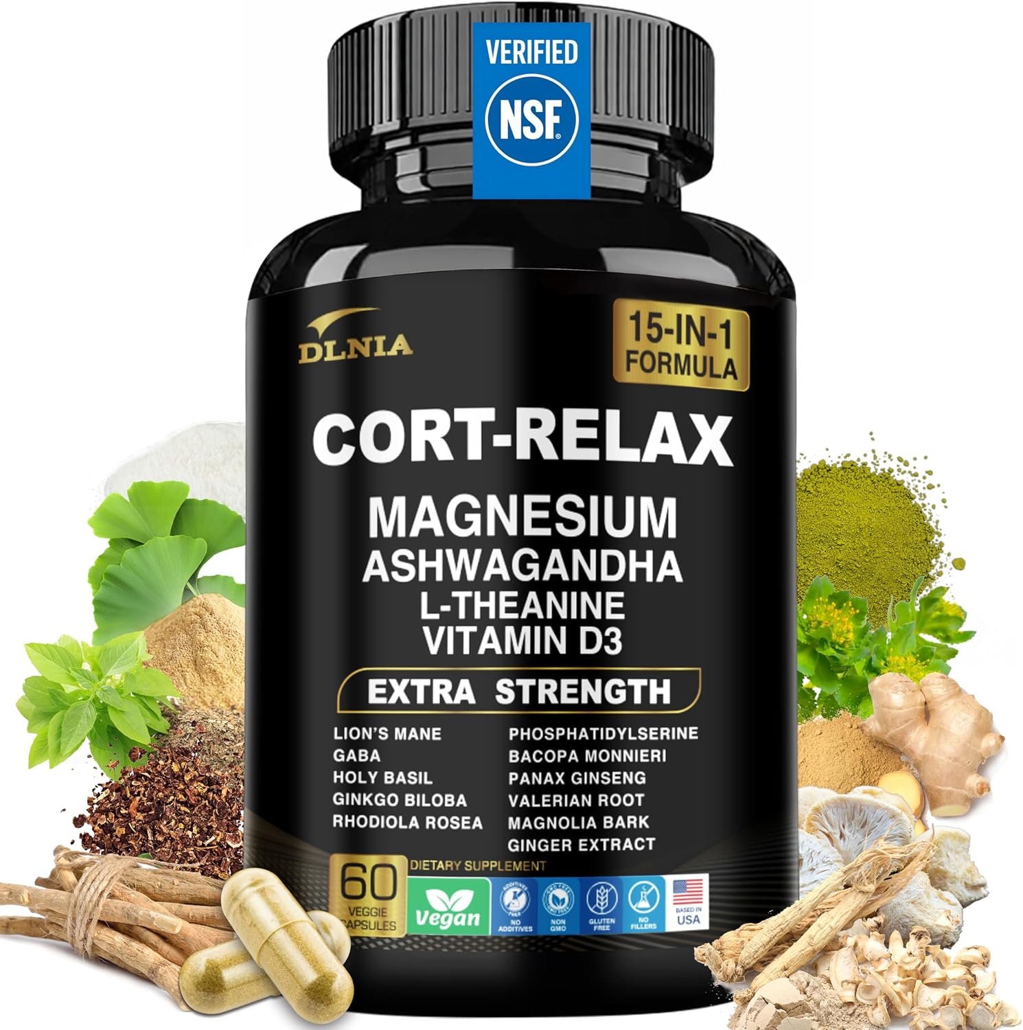 DLNIA Super Calm Cortisol Supplement with Magnesium Glycinate, Ashwagandha KSM-66, L-Theanine, Phosphatidylserine, Ginkgo Biloba & Lions Mane for Calm, Focus, Mental Clarity, Relaxation, Sleep, Energy