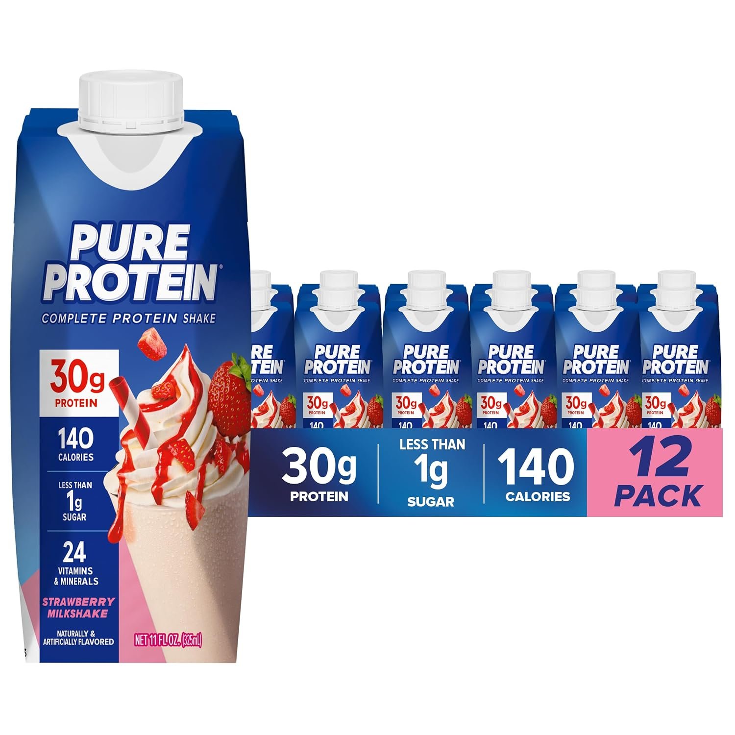 Pure Protein Strawberry Protein Shake, 30g Complete Protein, Ready to Drink and Keto-Friendly, Vitamins A, C, D, and E plus Zinc to Support Immune Health, 11oz Bottles, 12 Pack