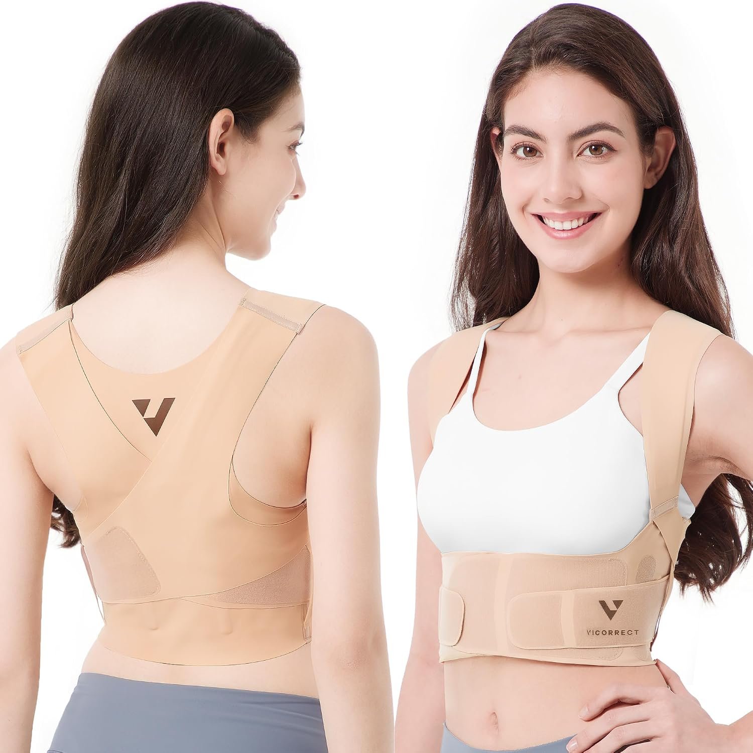 Vicorrect Adjustable Posture Corrector for Women: Invisible Under Clothes – Comfortable Back Support Bra for Upper Back Neck Shoulder Pain Relief – Ideal for Sitting Exercise Daily Wear (Beige Small)