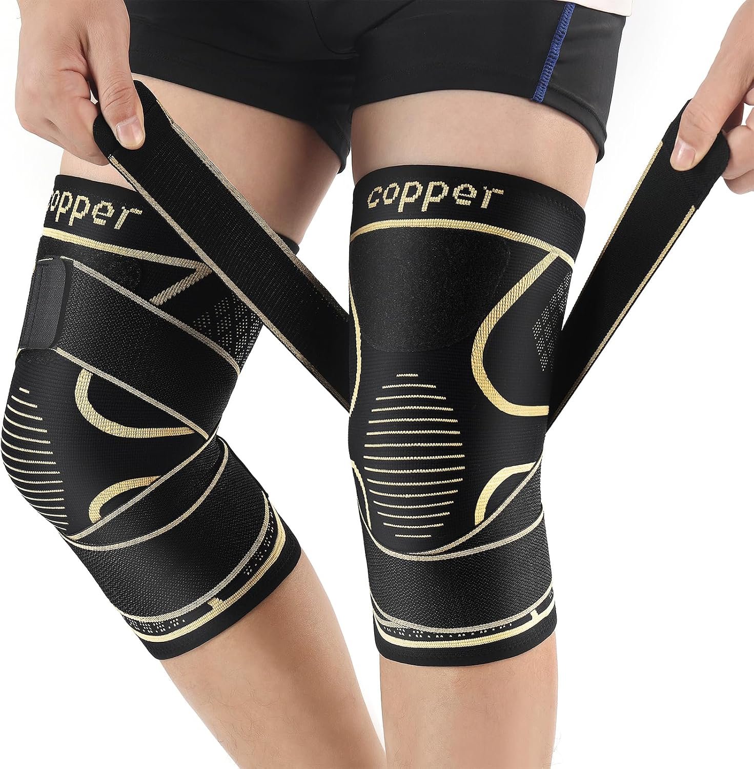 Copper Knee Support Braces with Straps for Men & Women (2 Pack, Large)