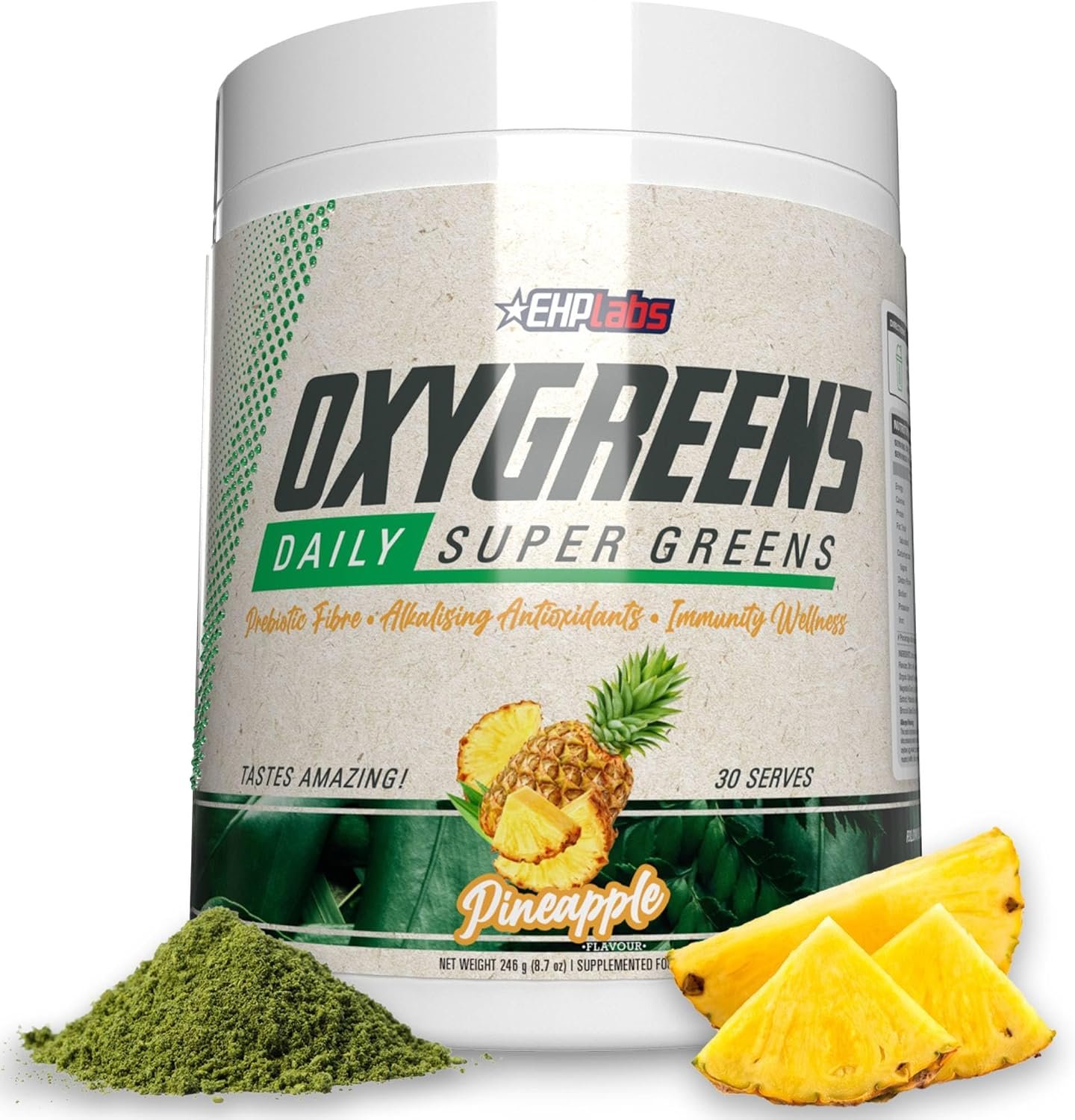 EHP LABS OxyGreens Super Greens Powder – Spirulina & Chlorella Superfood, Green Juice Powder & Greens Supplements with Prebiotic Fibre, Antioxidants & Immunity Support, 30 Serves (Pineapple)