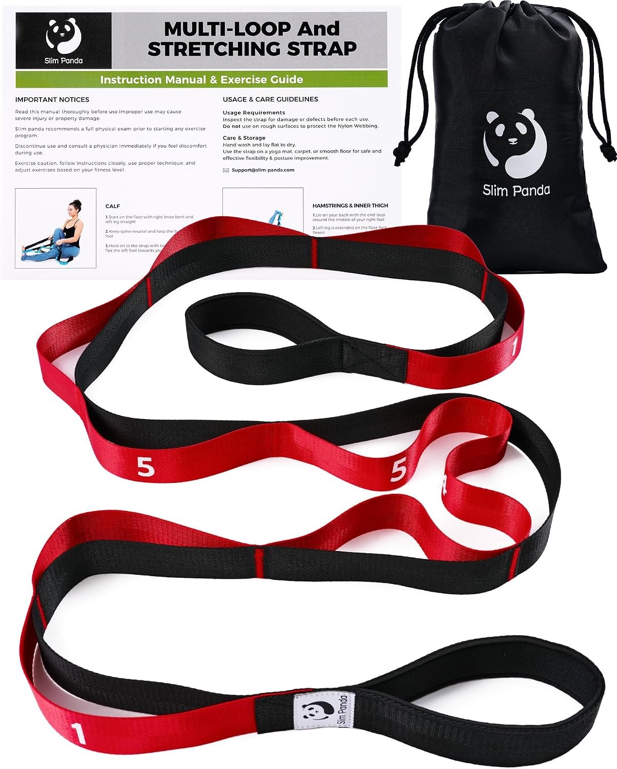 Slim Panda Stretching Strap with Loops – Non-Elastic Heavy Duty Nylon Yoga & PT – Oversized Multi-Loop Home Rehab – Hamstring Shoulder Pilates Flexibility