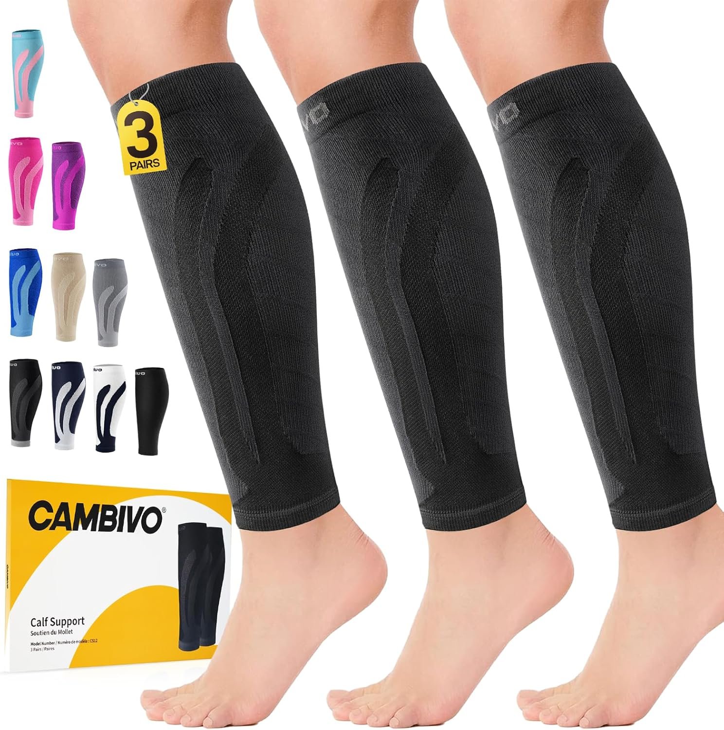 CAMBIVO Calf Compression Sleeve 3 Pairs Footless Compression Socks Running