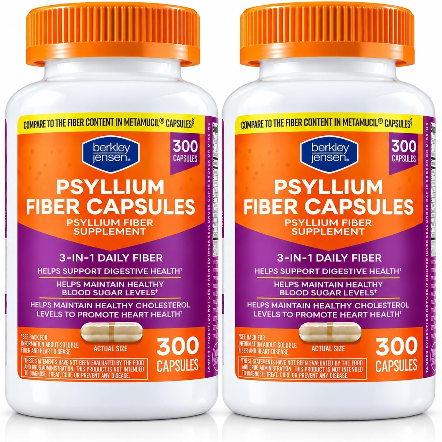 berkley jensen Psyllium Husk Fiber Capsules, 3-in-1 Natural Fiber Supplement for Men & Women, Daily Psyllium Husk Help Support Digestive Health, Promote Regularity, Made in USA, 300 Count (Pack of 2)