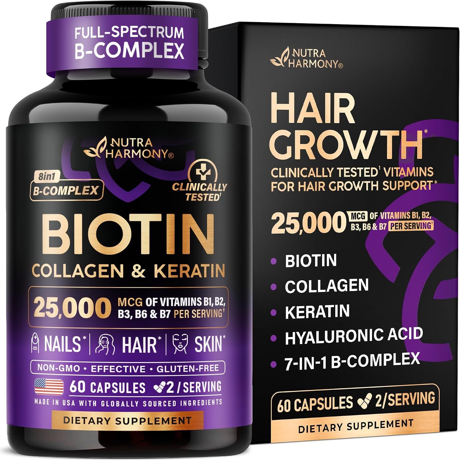 Biotin, Collagen & Keratin + Full B-Complex – Hair Growth Support – 60 Caps