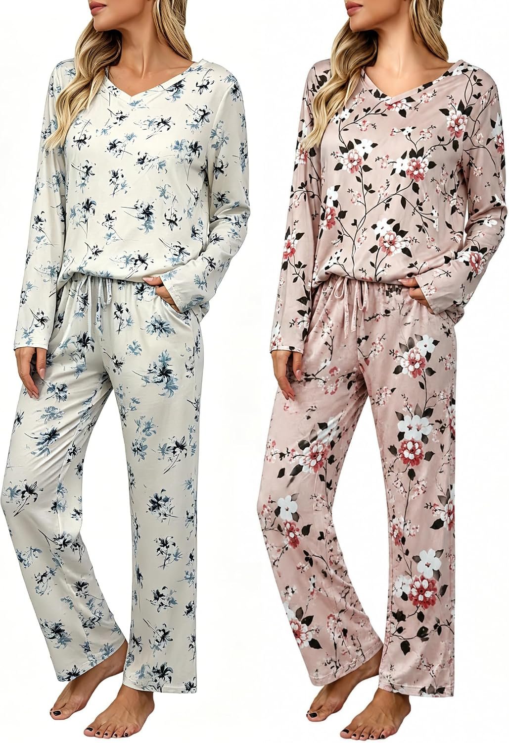 2 Pack: Women’s Long Sleeve Pajama Sets – V Neck Top and Pants Lounge sets