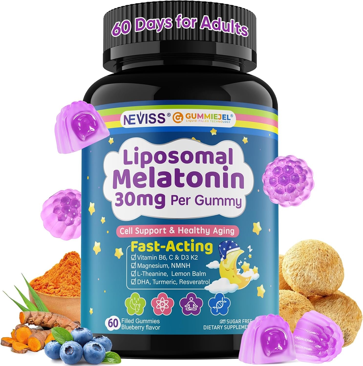 NEVISS Liposomal Melatonin 30mg Per Gummy for Antioxidant/Brain, Adults 30 40 50 60 70+ Sleep, Extra Strength High Dose, Folate | ALA | DHA | Lions Mane | Resveratrol | Cognition, Cell, Healthy-Aging