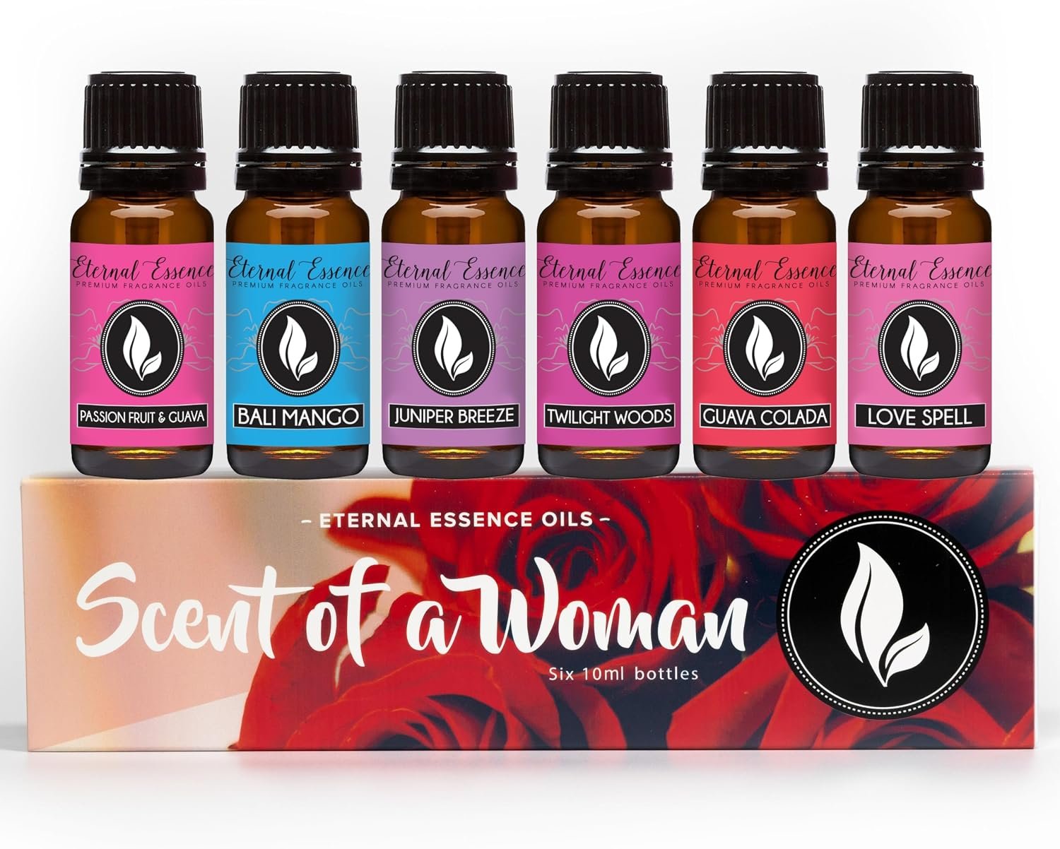 Eternal Essence Oils Scent of a Woman Set of 6 Premium Fragrance Oils – Includes Guava Colada, Twilight Woods, Bali Mango, Passion Fruit & Guava, Juniper Breeze, and Love Spell Scented Oils – 10ML