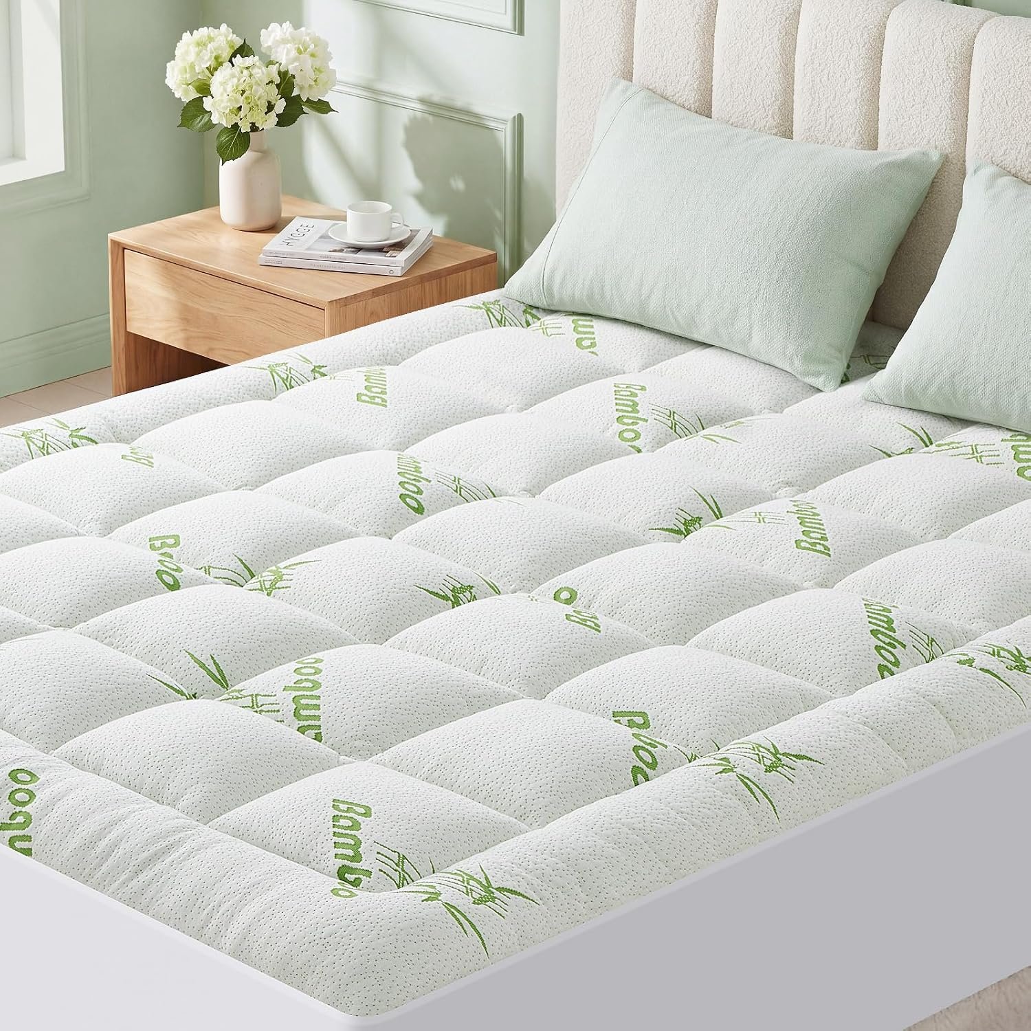 Queen Size Mattress Topper Viscose Made from Bamboo, Extra Thick Quilted Pillow Top, Naturally Cooling & Breathable for Hot Sleepers, Back Pain Relief, Deep Pocket Skirt Fits 6-18″, Green