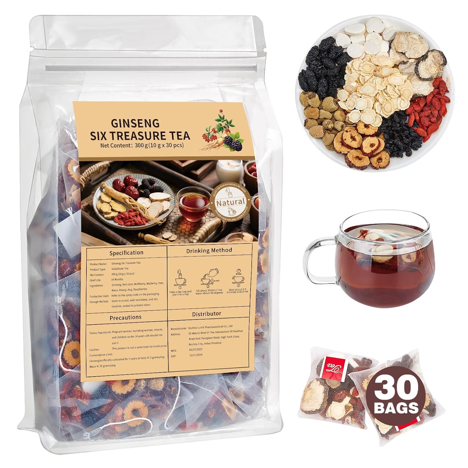 Kidney Tea Formula Ginseng Six Treasure Tea, Ginseng & Mulberry Herbal Tea, Kidney Cleanse Detox & Repair, Traditional Chinese Herbal Tea Bags, Five Treasures Teas For Men Women (30 Bags/1 Pack)