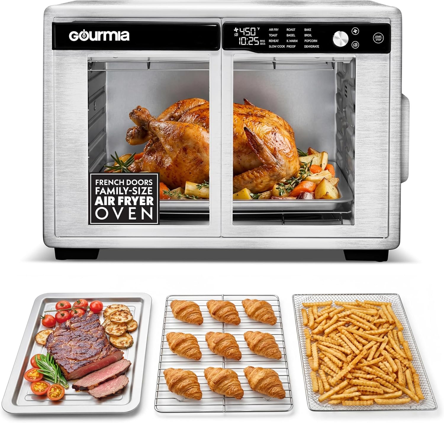 Gourmia French Door Digital Air Fryer Oven – XL 25QT Capacity, 12 Presets, FryForce 360° Tech, Dehydrate, Proof, Slow Cook, Fits 13” Pizza, 1700W, Stainless Steel