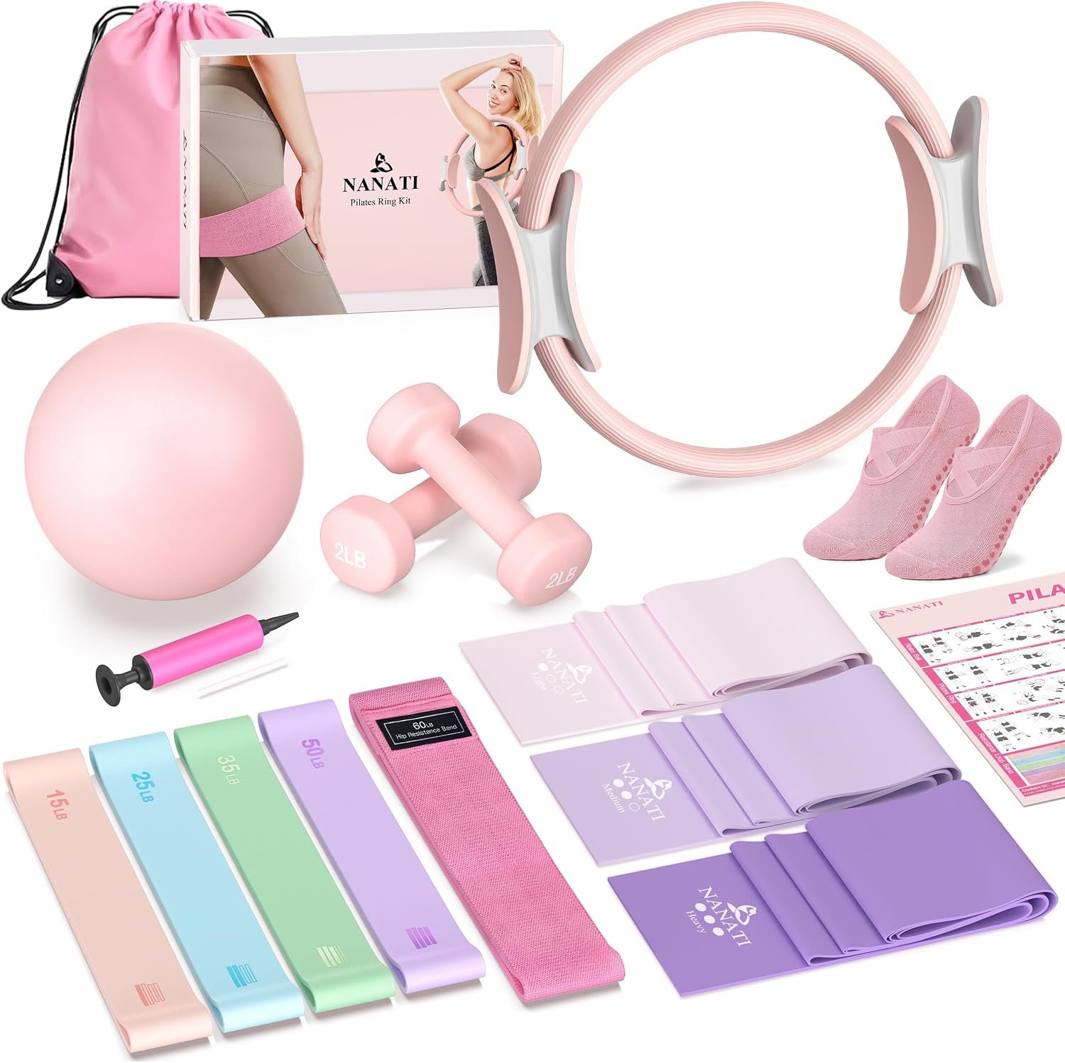 NANATI Pilates Kit, Home Pilates Workout Kit for Women, Pilates Equipment with 14.5″ Pilates Ring and Ball, Resistance Bands, Dumbbells & Grip Socks for Home Workouts