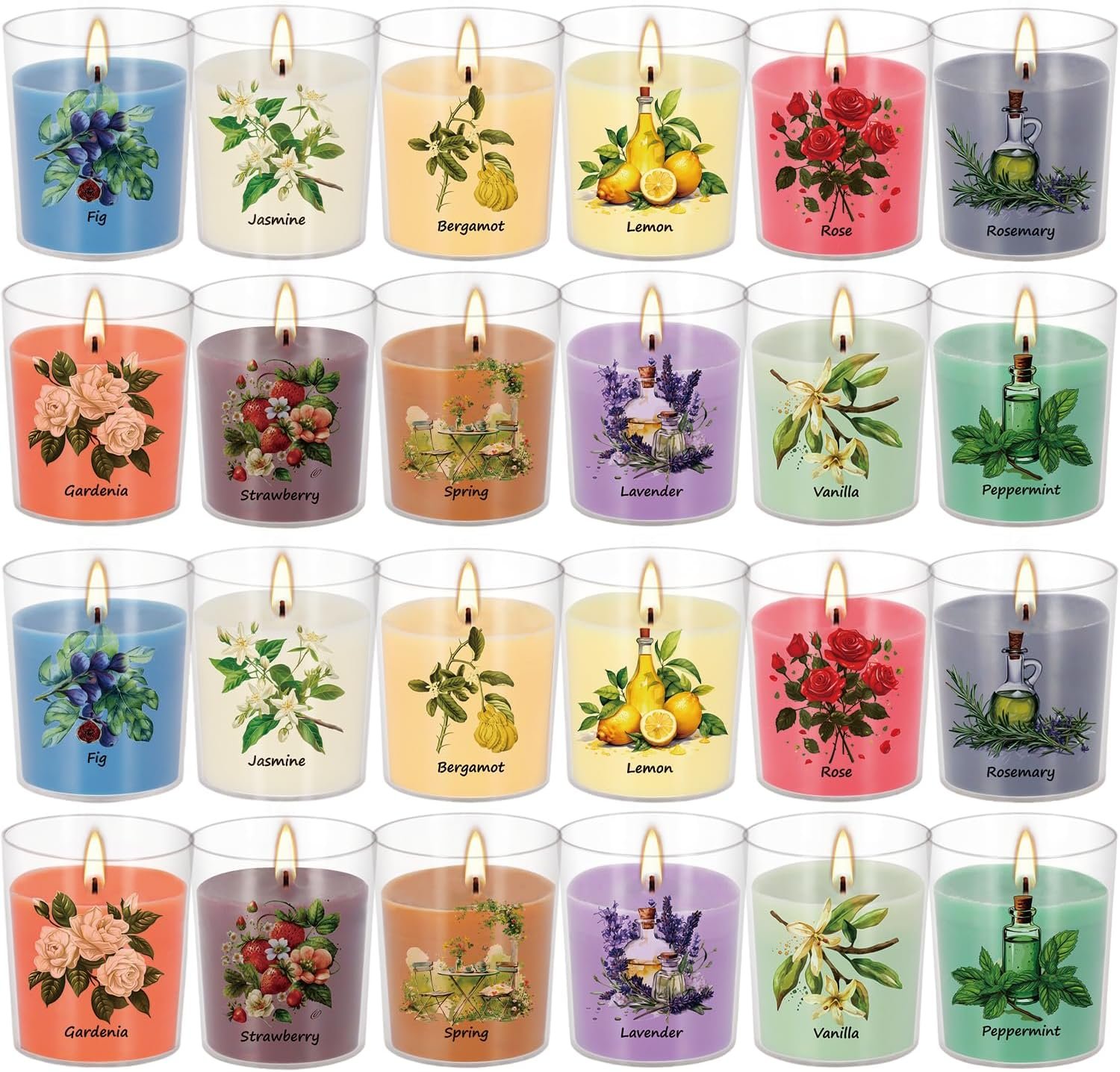 Aromatherapy Candles Set – 24 Pack Scented Candles with 12 Natural Fragrances, Votive Candles in Clear Plastic Jars for Home Decor, Stress Relief, Sleep, Ideal Gift for Women,Mother’s Day, Birthday.