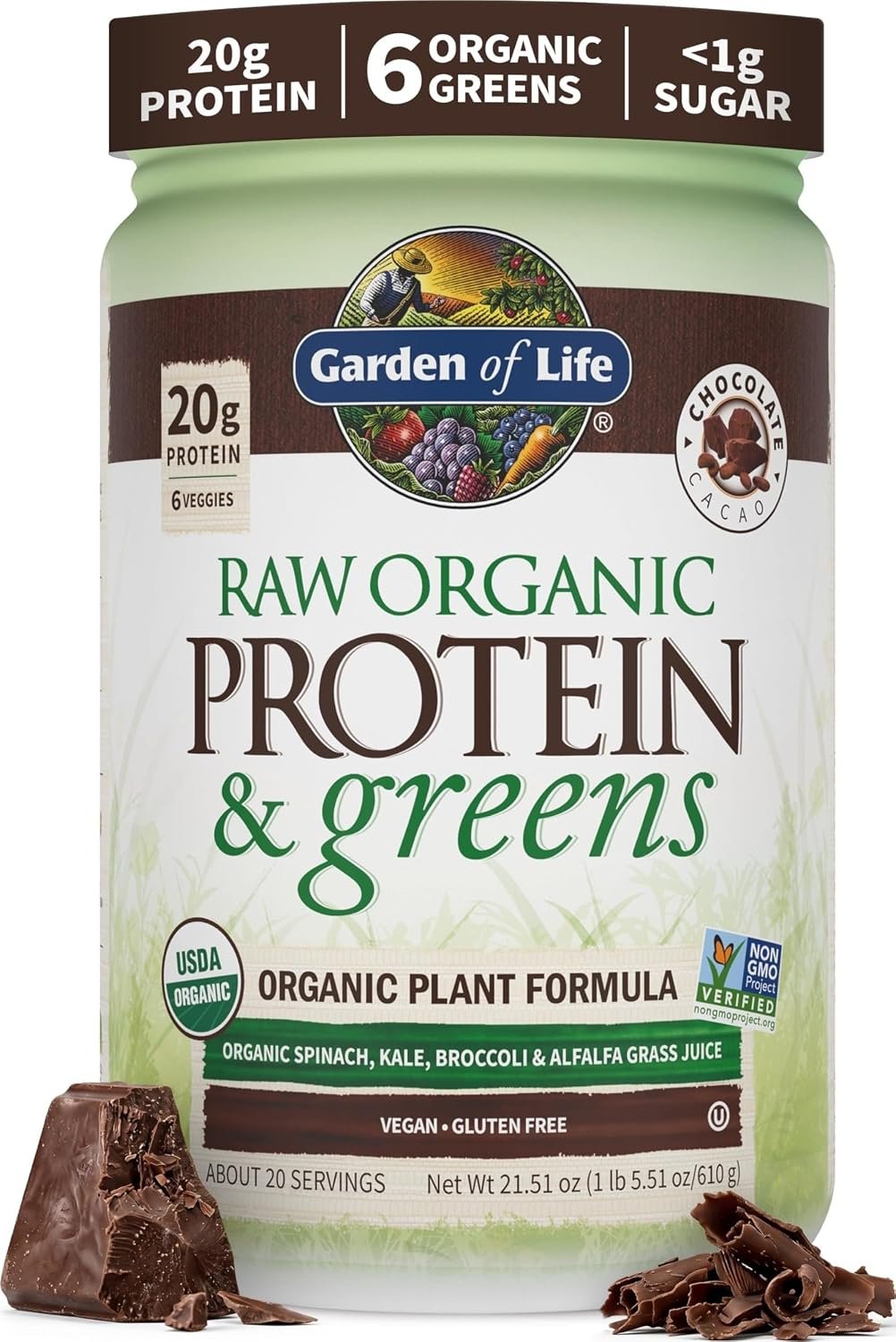 Garden of Life Raw Organic Protein & Greens Powder, Chocolate, 20 Servings