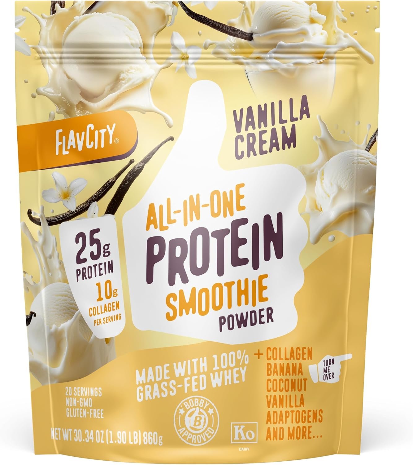 FlavCity Vanilla All in One Protein Shake Powder – On the Go Meal Alternative + Collagen Peptides, Reishi & Cordyceps – Focus, Skin, Hair & Joint Support – 100% Grass Fed Whey, 20 Servings