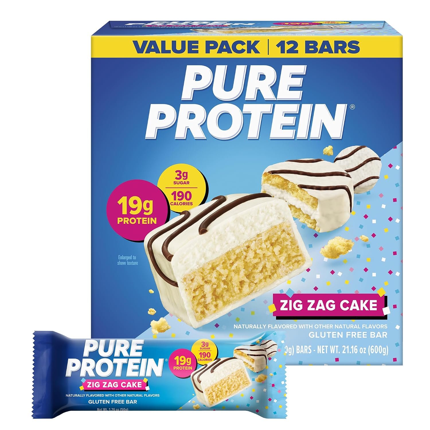 Pure Protein Zig Zag Cake Protein Bars, 19g Protein, Gluten Free, 12 Ct