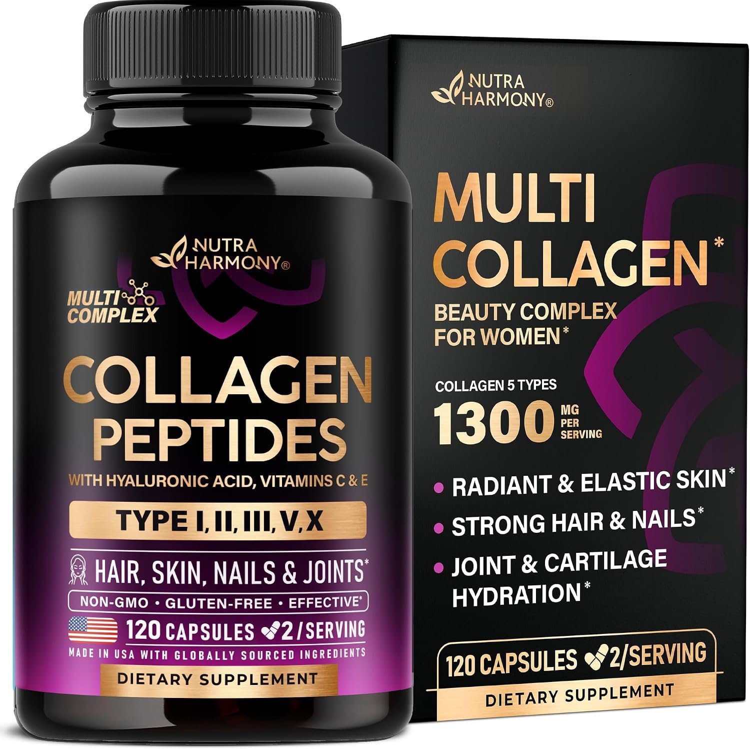 Multi Collagen Peptides 1300mg – Hydrolyzed Types I II III V & X – 120 Caps